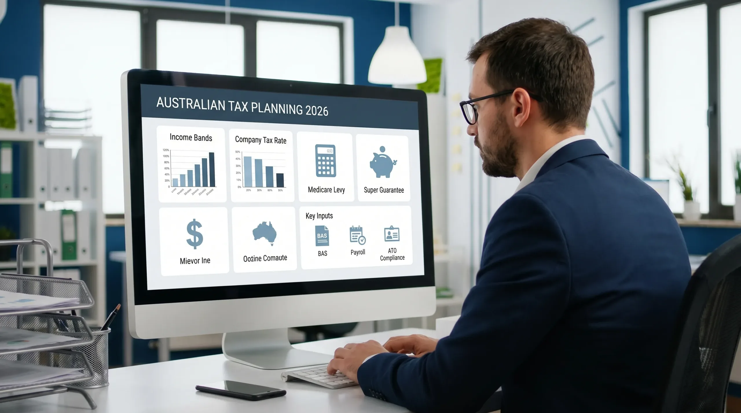 A clean dashboard-style illustration of Australian tax planning inputs for 2026, showing a director reviewing income bands, Medicare levy, super guarantee, and company tax rate, with icons for BAS, payroll, and ATO compliance.