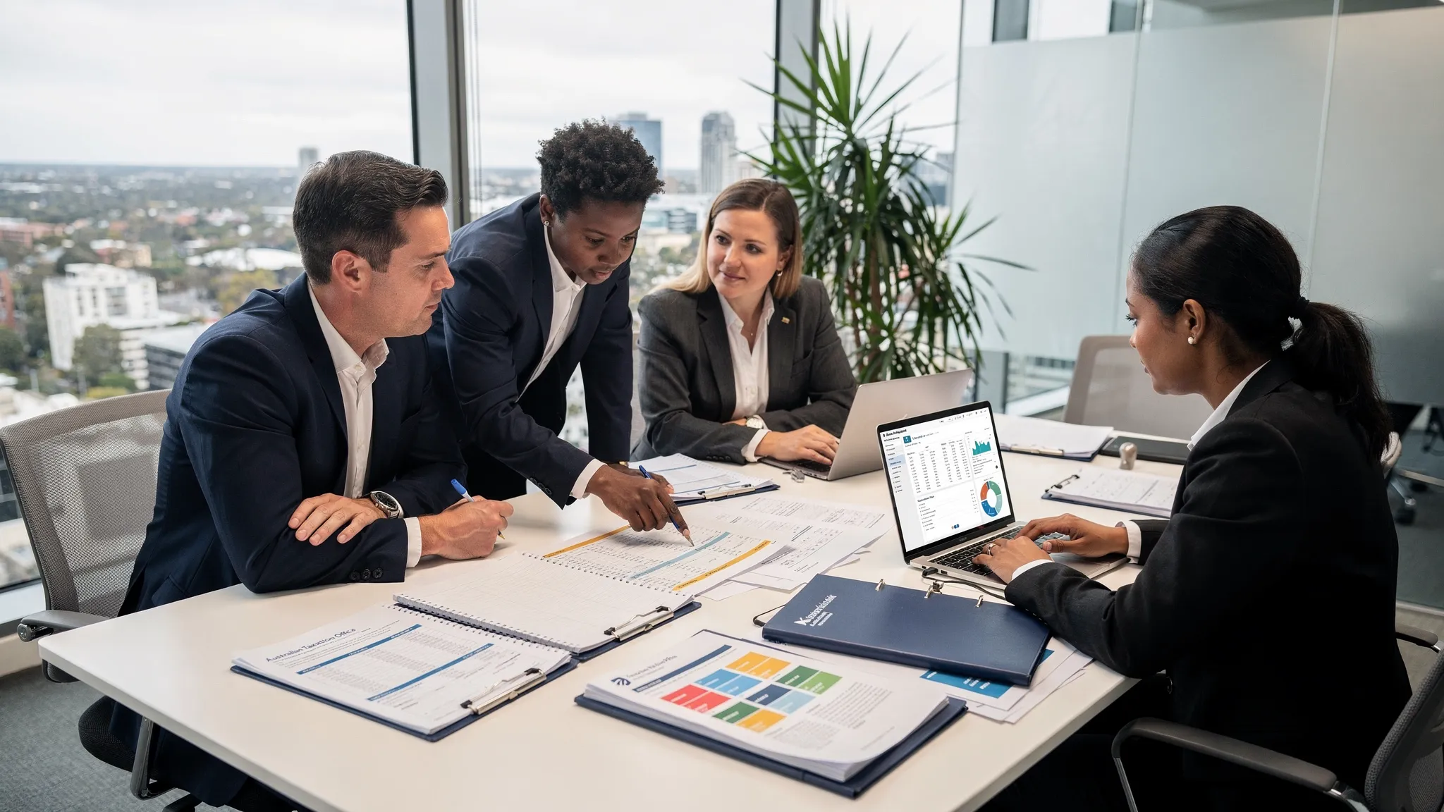 A professional accounting team reviewing reconciled financial data, tax reports and ATO correspondence in a modern Australian office environment.
