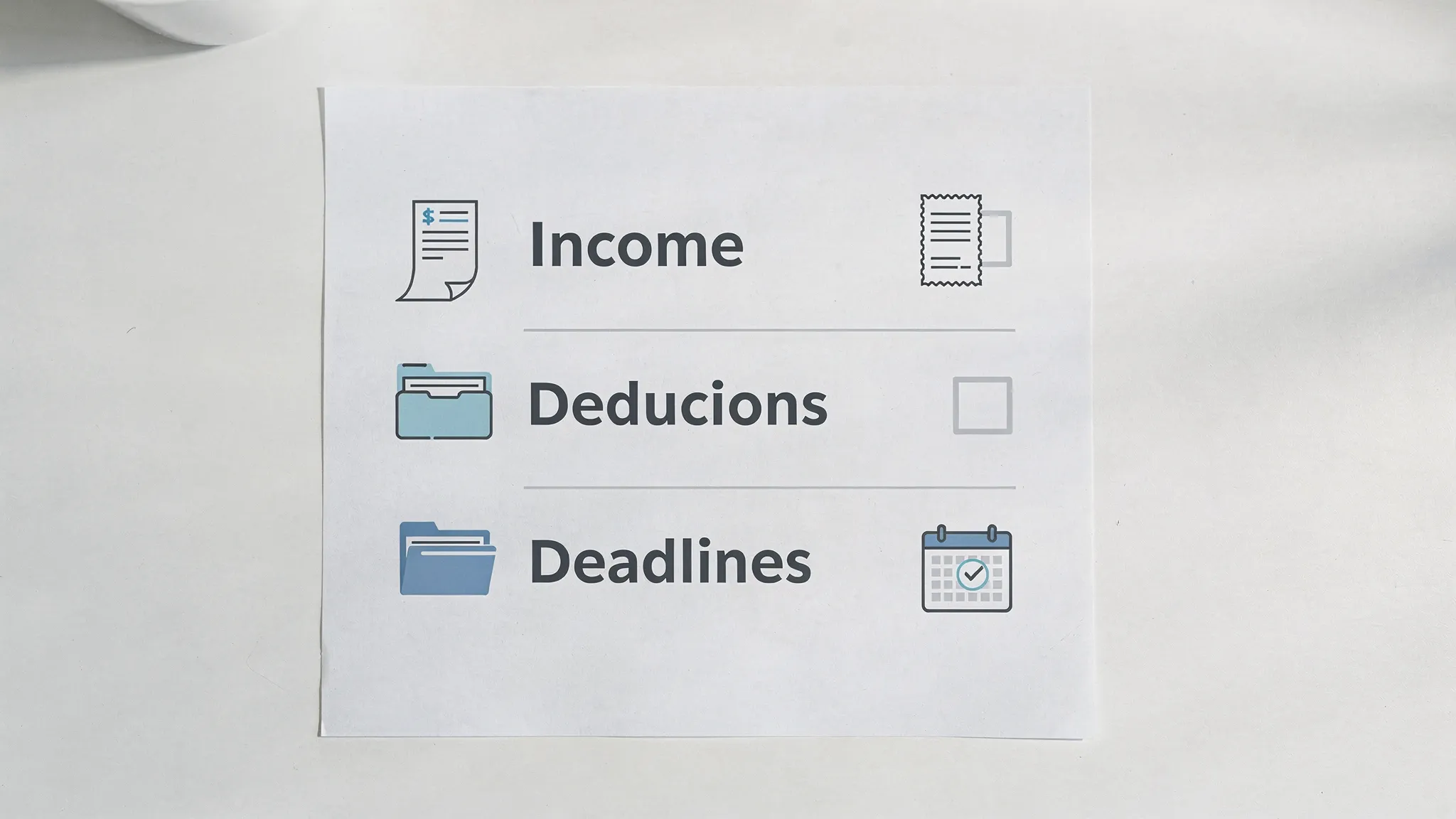 A simple checklist-style graphic showing four boxes labelled Income, Deductions, Records, and Deadlines, with supporting icons like a payslip, receipt, folder, and calendar.