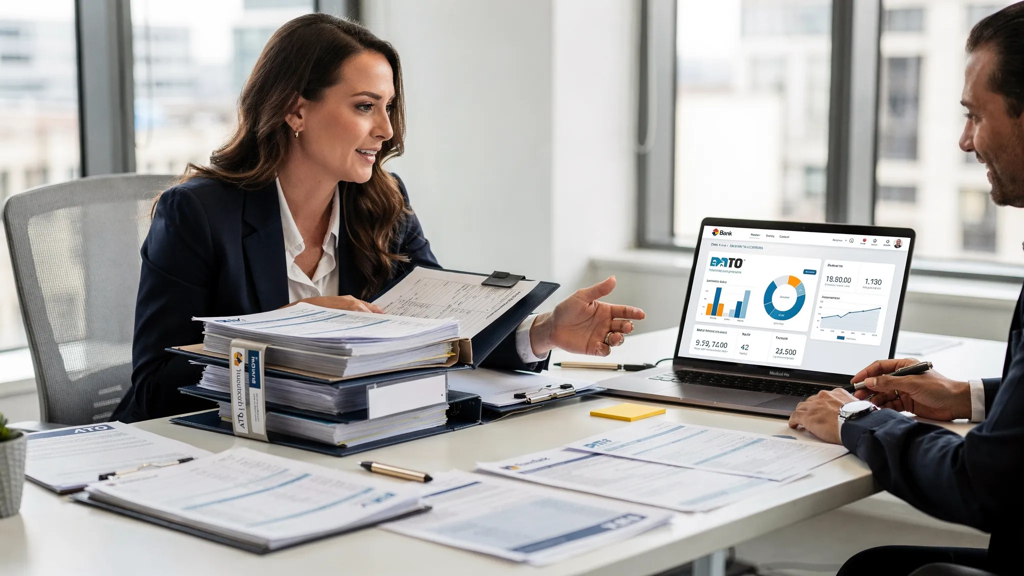 Australian business owner reviewing organised tax records, accounting dashboard summaries and financial documents with an adviser in a professional office setting