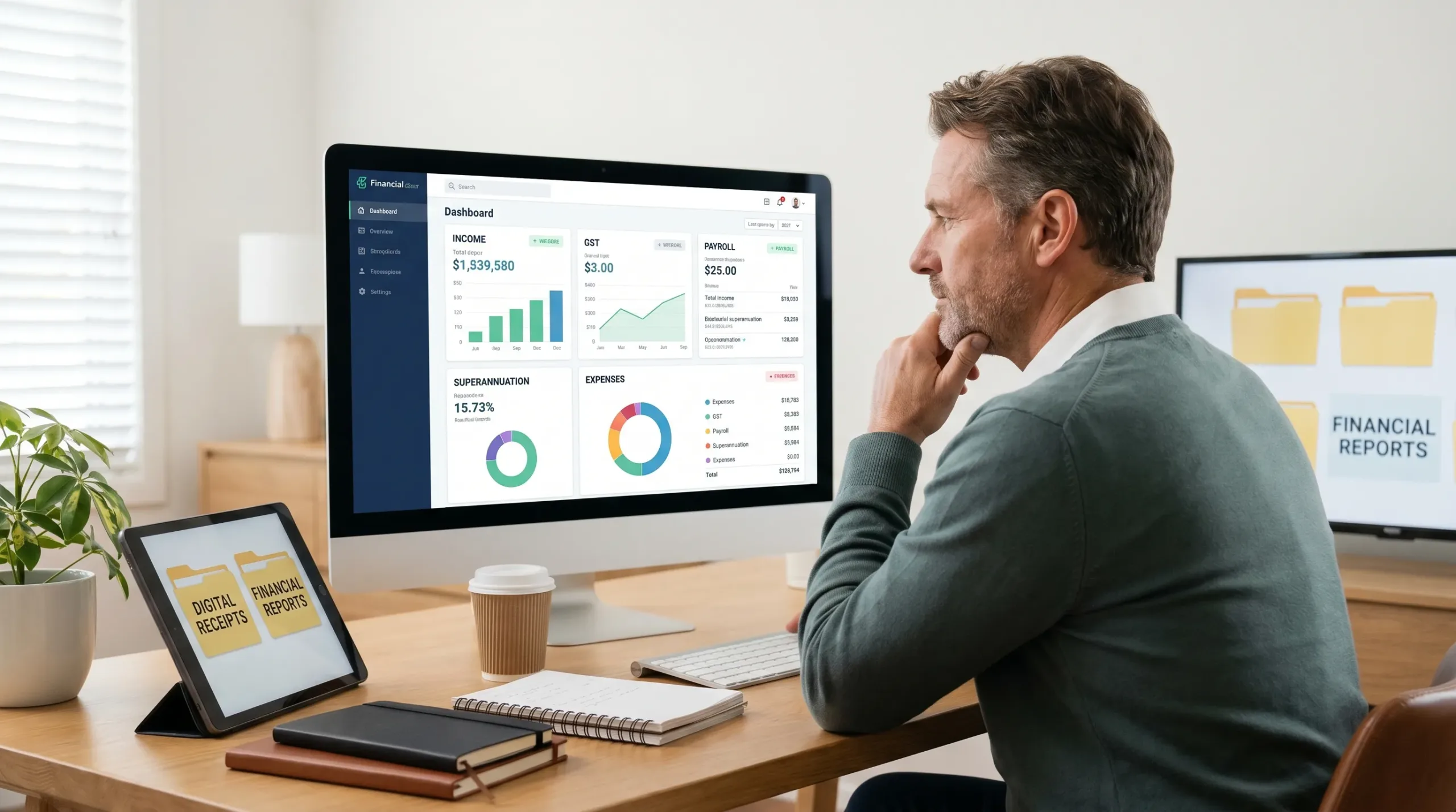 A business owner reviewing a clean accounting dashboard with categories for income, GST, payroll, superannuation and expenses, alongside organised digital receipts and financial reports.