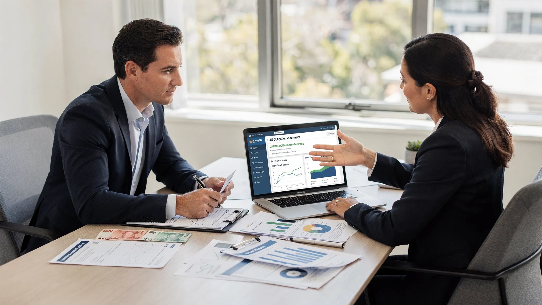 A professional Australian business owner reviewing tax dashboards, BAS obligations and cash flow forecasts with an accounting adviser in a modern office setting.