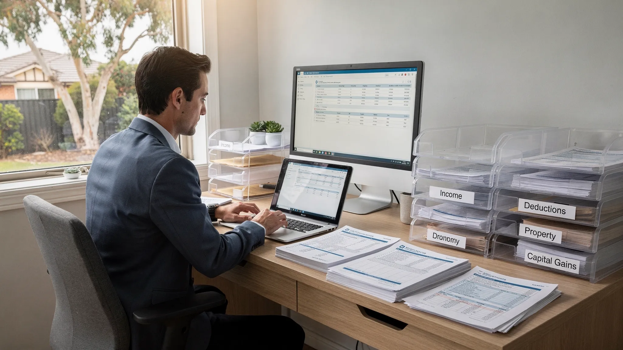 A professional Australian taxpayer reviews organised digital tax records, investment statements and accounting reports on a desk, with clear folders for income, deductions, property and capital gains.