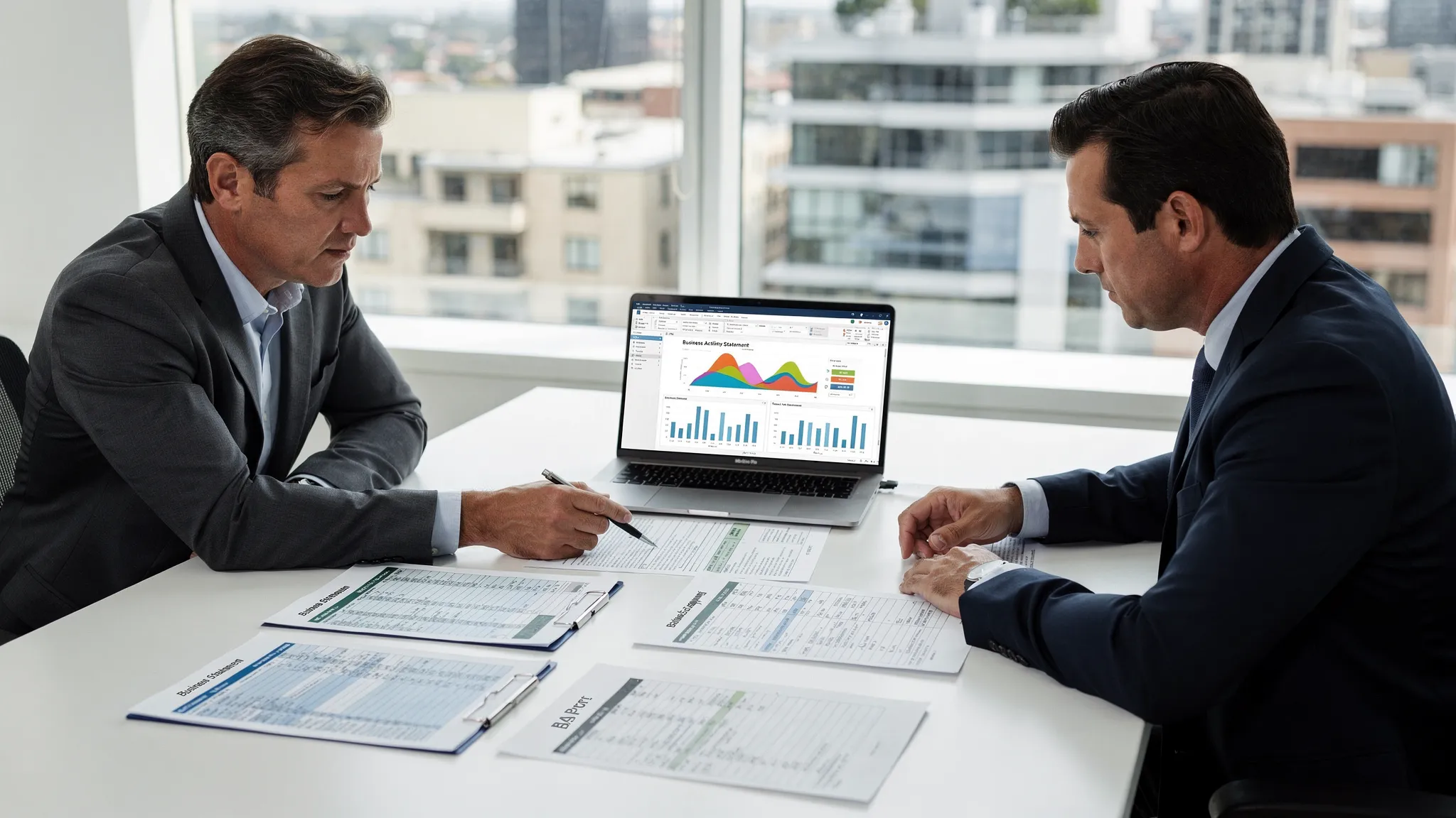 Australian business owner reviewing tax return documents, BAS reports, payroll summaries and accounting software dashboards with an adviser in a professional office setting.