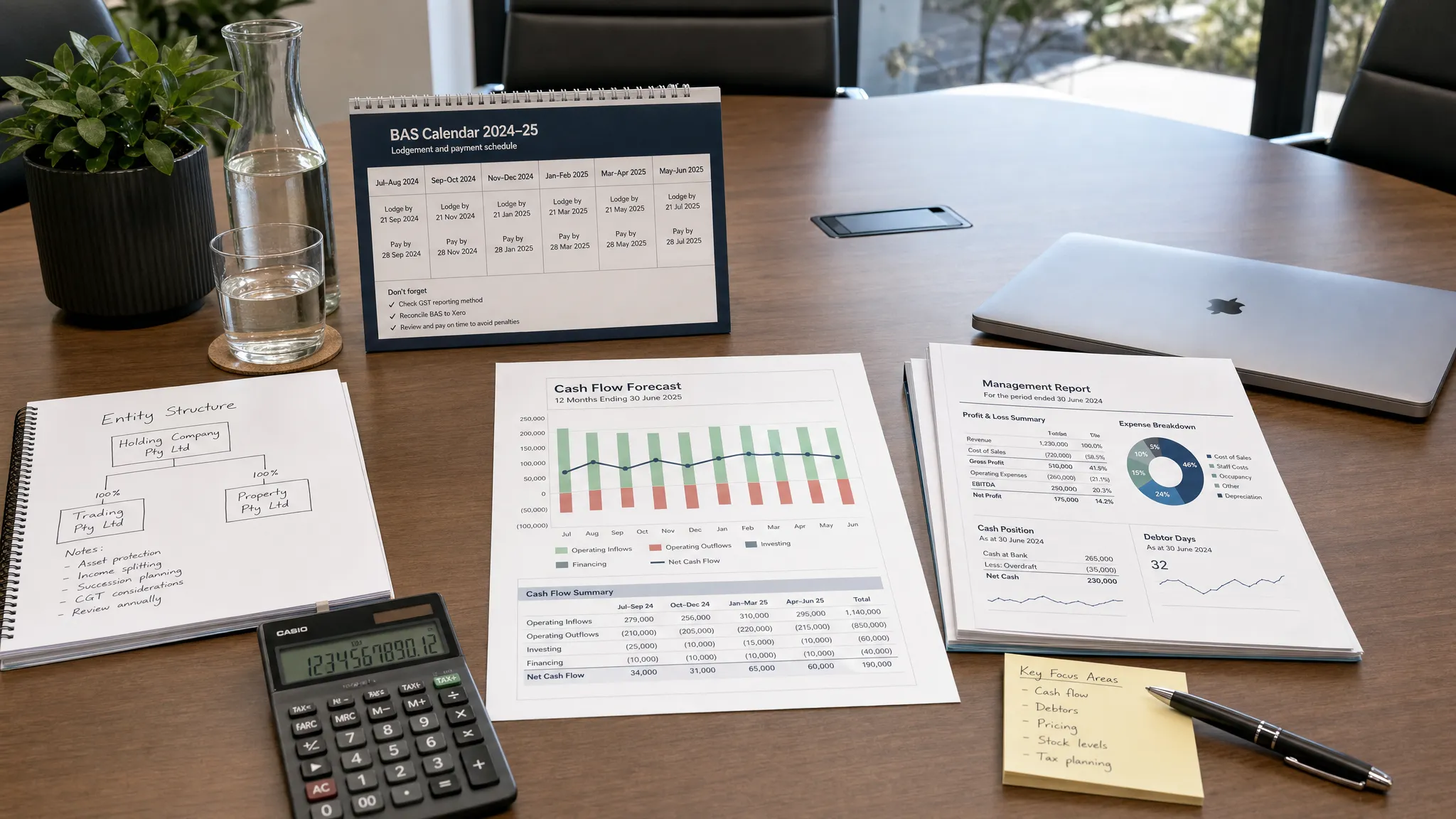 A boardroom table with financial reports, a BAS calendar, cash flow forecast charts, entity structure notes, a calculator, and a closed laptop, showing organised financial visibility for an Australian business.