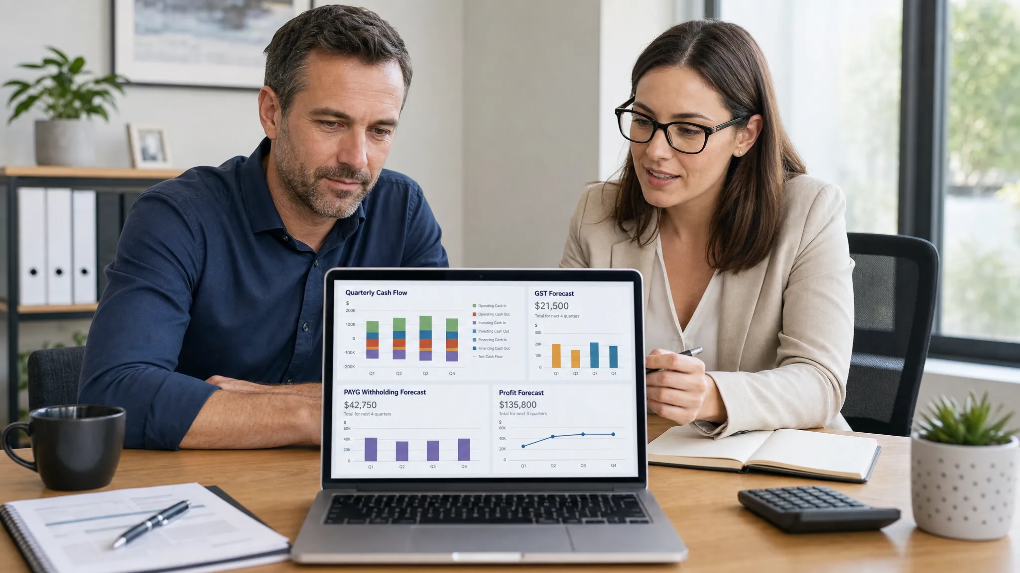 A business owner and an accountant seated side by side reviewing a laptop facing them, with the laptop screen angled toward the viewer and showing quarterly cash flow, GST, PAYG and profit forecast charts.