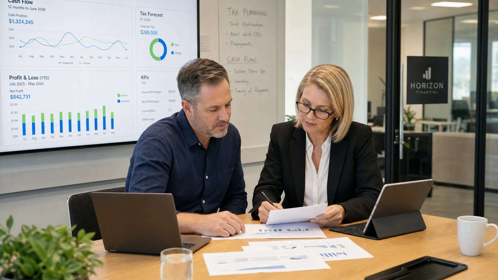 A business owner and senior accountant reviewing financial dashboards, tax forecasts and cash flow reports at a meeting table in a professional Australian office setting.