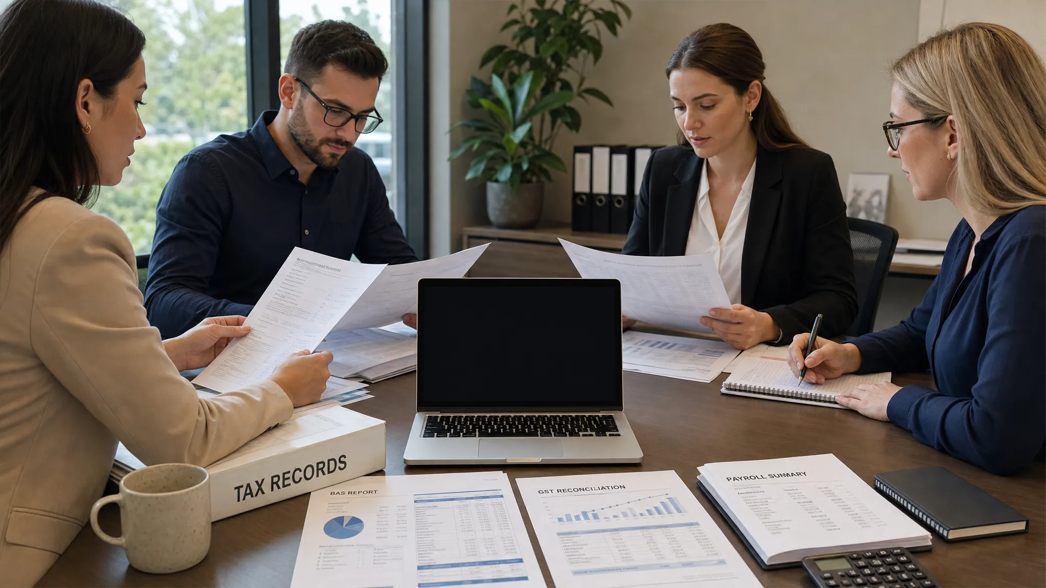 A professional accounting team reviewing Australian tax records, BAS reports, invoices, payroll summaries and GST reconciliations on a conference table, with a laptop screen facing the camera and no content displayed behind it.