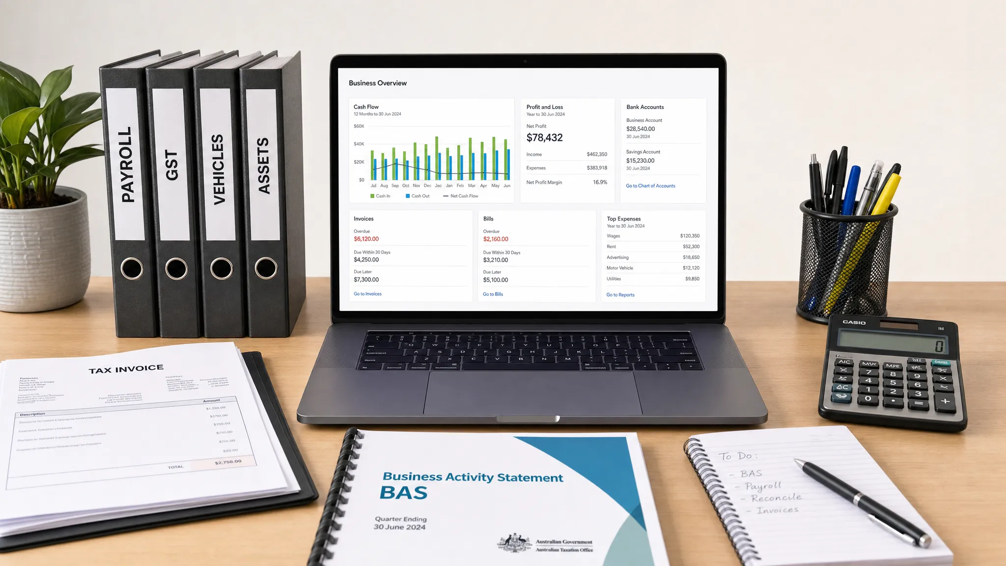 A professional Australian business desk with organised tax invoices, BAS documents, a laptop showing a clean accounting dashboard facing the viewer with nothing displayed behind it, and a calculator beside neatly labelled folders for payroll, GST, vehicles and assets.