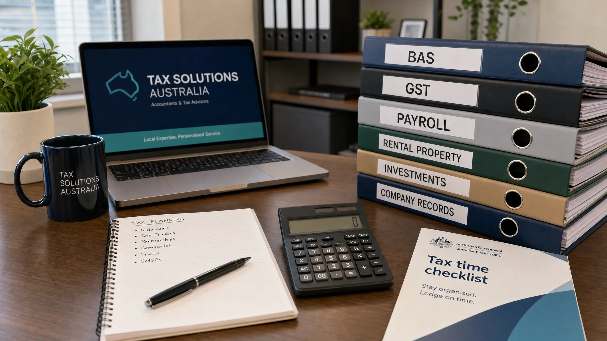 A professional desk arranged for an Australian tax consultation with labelled folders for BAS, GST, payroll, rental property, investments, and company records beside a calculator and notebook.