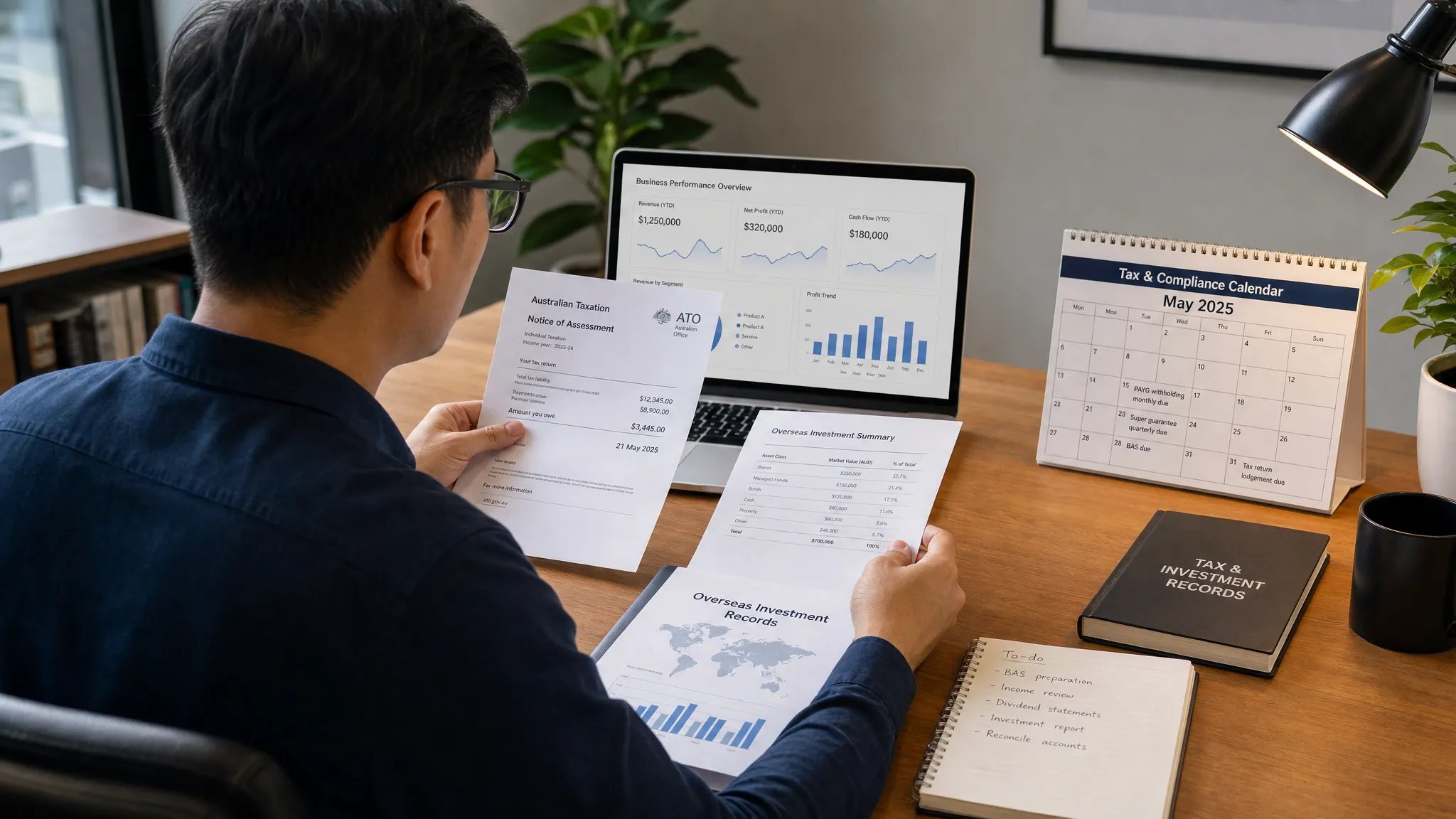 A professional visa holder reviewing Australian tax documents, overseas investment records, and business dashboards at a desk, with the laptop screen facing the person correctly and a clear compliance calendar beside it.