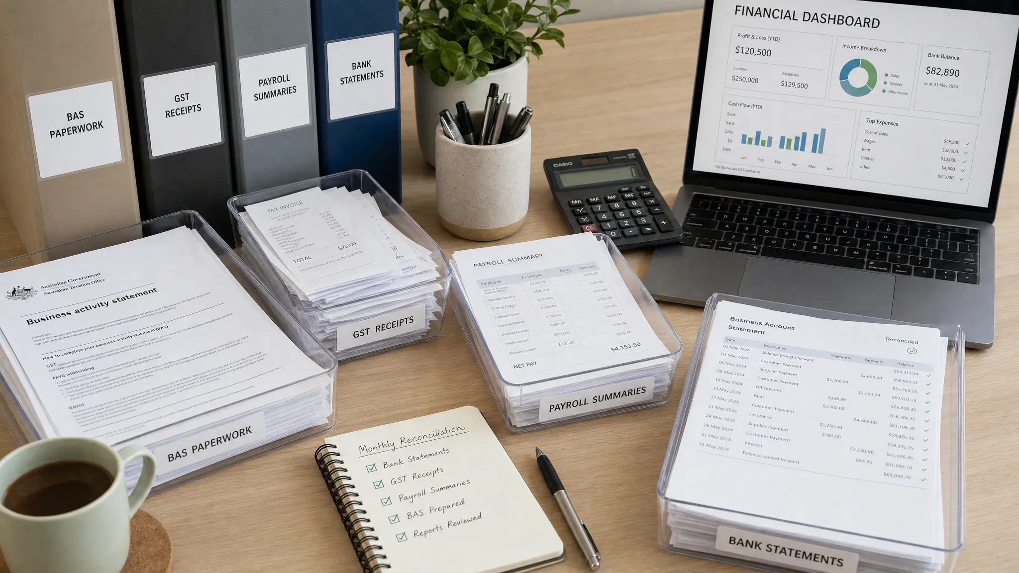 A structured accounting workspace with labelled BAS paperwork, GST receipts, payroll summaries and reconciled bank statements arranged beside a clean financial dashboard printout, showing how organised bookkeeping supports accurate reporting.
