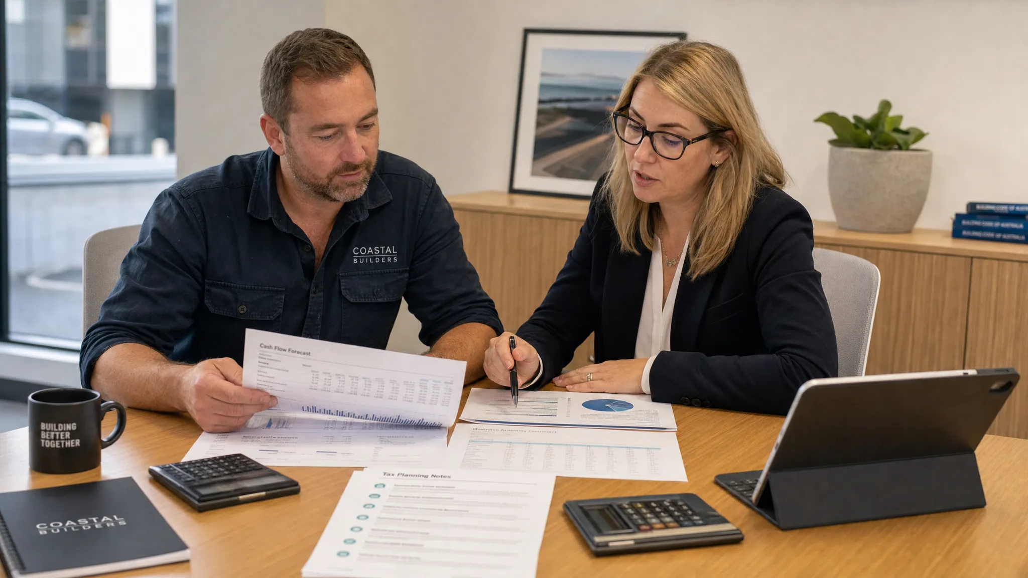 An Australian business owner and accountant reviewing printed financial reports, cash-flow forecasts and tax planning notes at a meeting table, with calculators, documents and a tablet nearby.