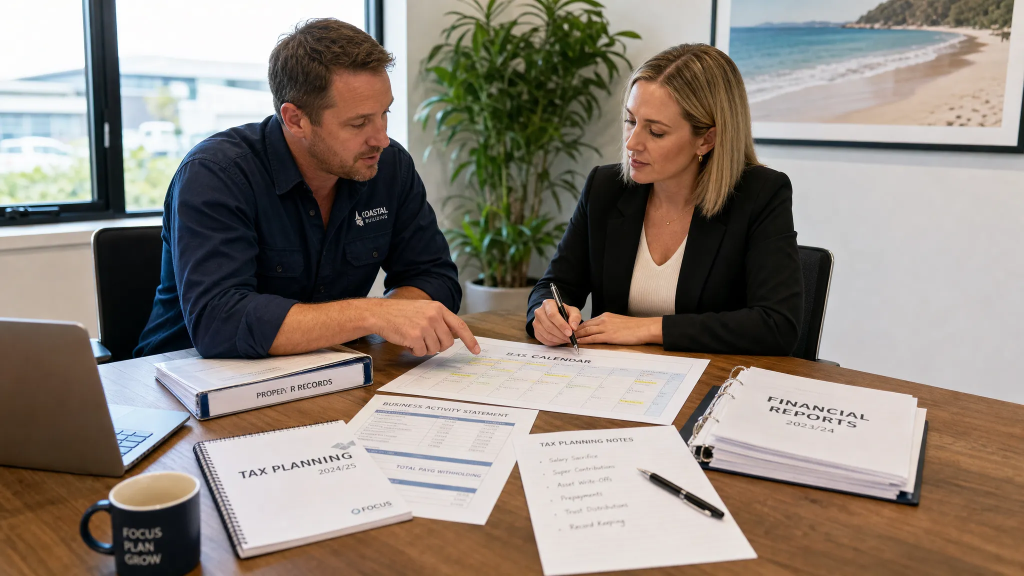 An Australian business owner and accountant reviewing organised financial documents, a BAS calendar, property records, and tax planning notes spread across a meeting table.