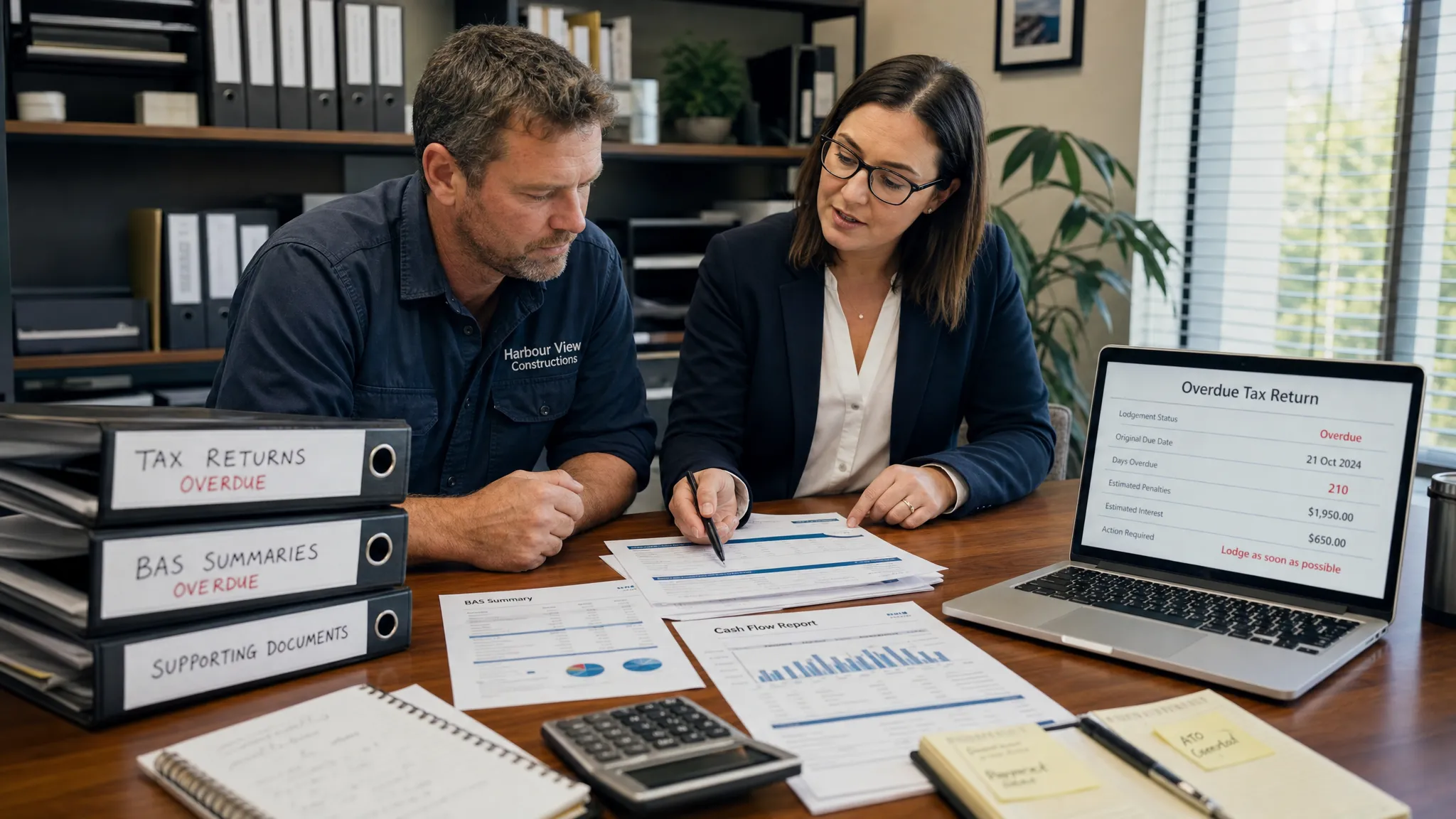 An Australian business owner and accountant reviewing overdue tax return records, BAS summaries and cash flow reports on a desk, with organised folders, a laptop facing the viewer correctly and financial documents arranged for reconciliation.