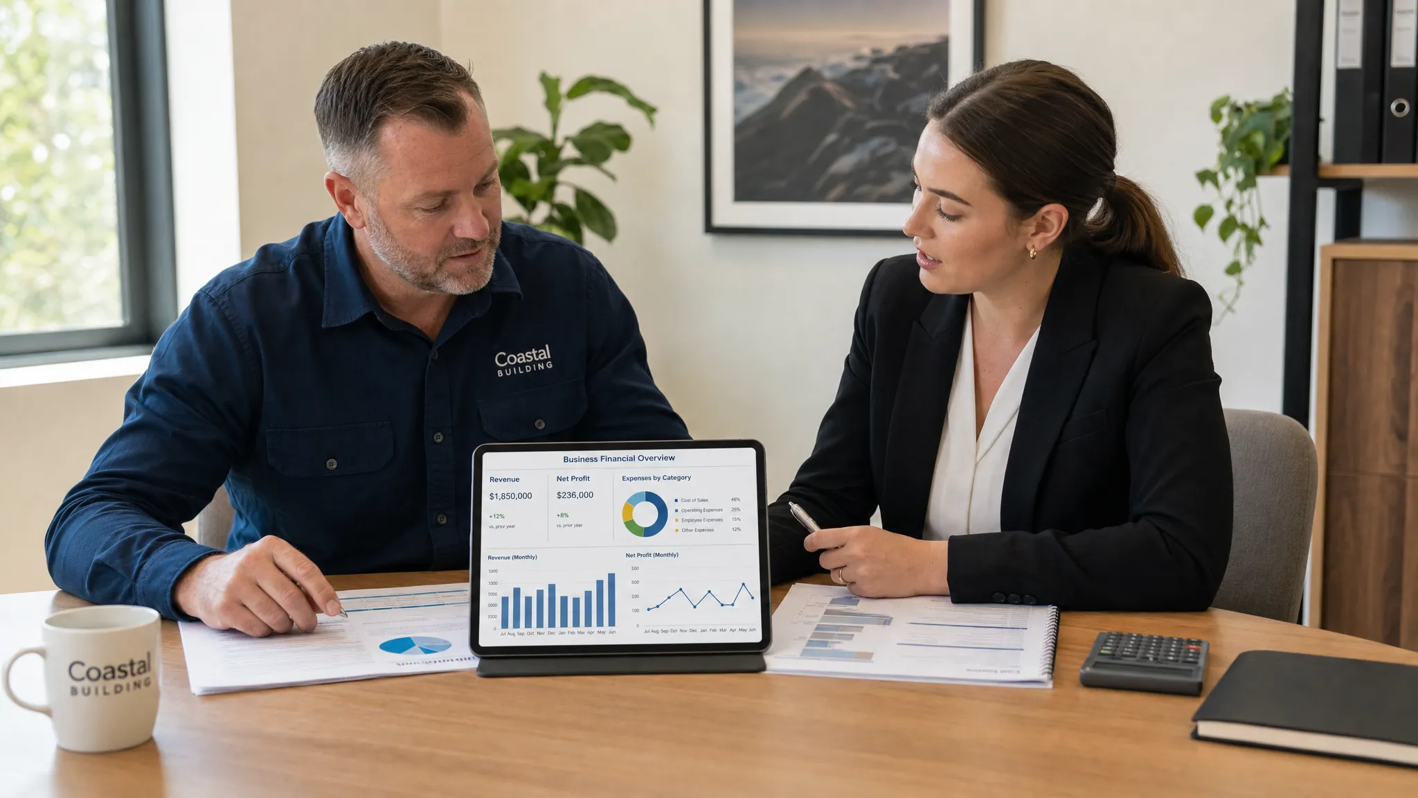 An Australian business owner and accountant seated at a meeting table reviewing printed financial reports, with a tablet facing both people showing simple financial charts in the correct orientation.