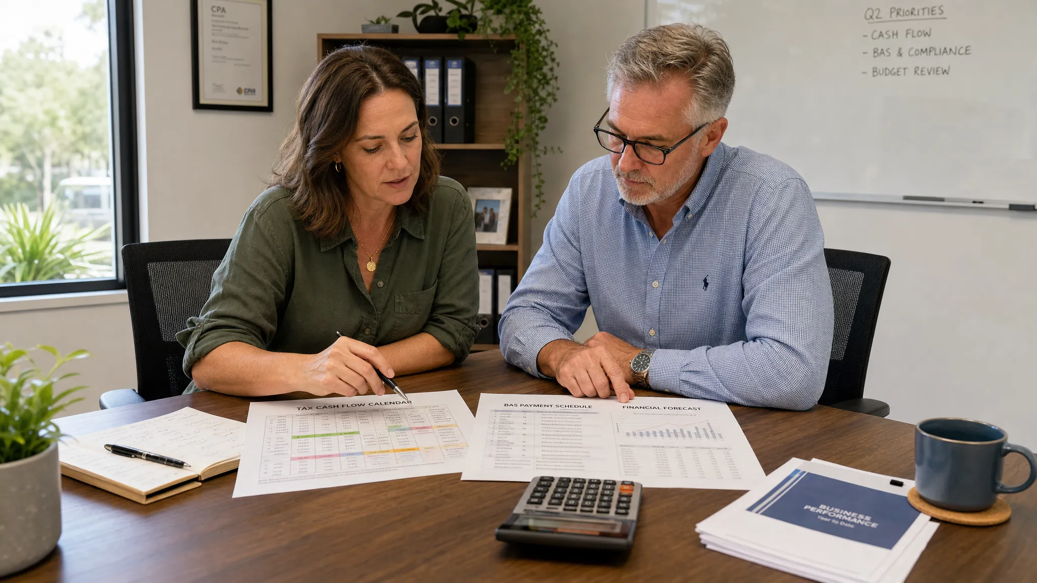 An Australian business owner and senior accountant reviewing a printed tax cash flow calendar, BAS schedule and financial forecast on a meeting table, with calculators, documents and office notes arranged neatly.