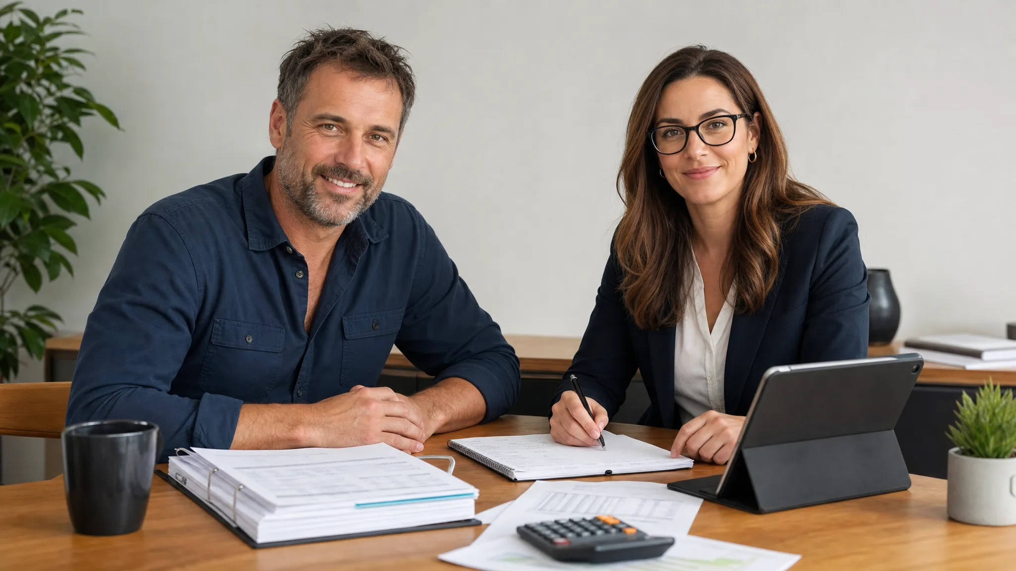 An Australian business owner and tax accountant reviewing organised financial documents, BAS notes and a tablet facing the camera on a meeting table, with no content displayed behind it.