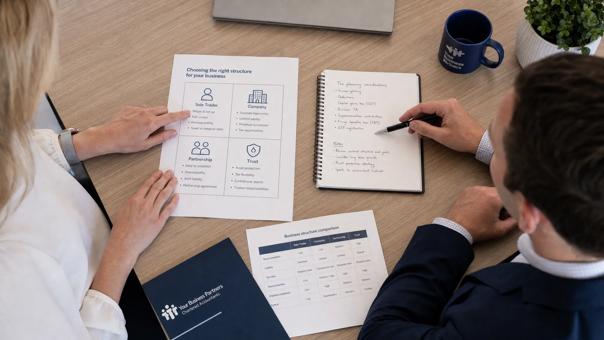 An Australian business owner reviewing entity structure options with an accountant, with documents showing sole trader, company, partnership and trust categories beside tax planning notes, viewed from above across a tidy conference table.