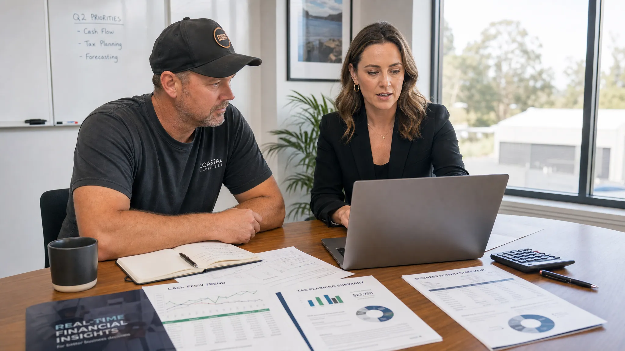 An Australian small business owner and accountant reviewing real-time financial reports together at a meeting table, with printed charts, cash-flow trends and tax planning figures laid out beside a laptop screen facing them.