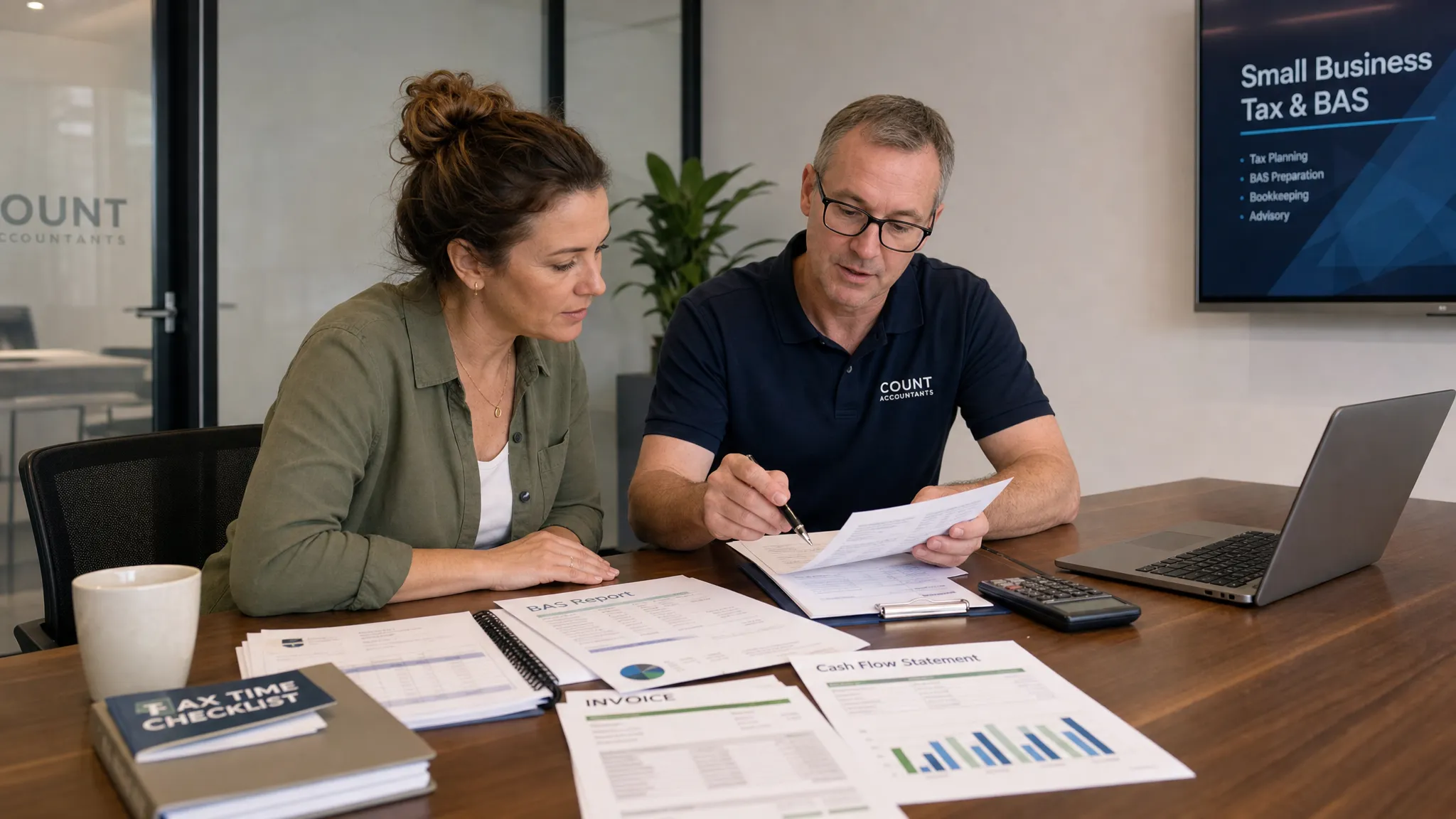 An Australian small business owner and accountant reviewing organised tax records, BAS reports, invoices and cash flow documents at a boardroom table.