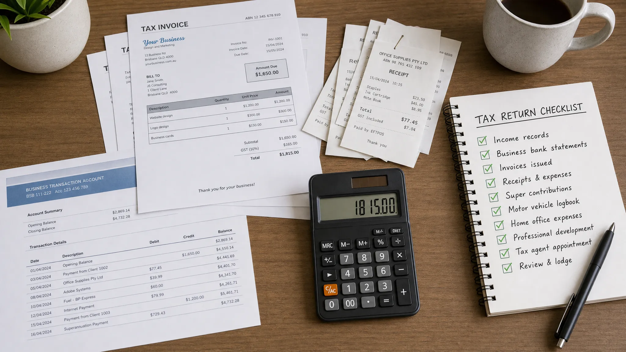 An Australian sole trader's tax documents arranged on a desk, including invoices, receipts, a calculator, bank statements and a neatly marked tax return checklist.