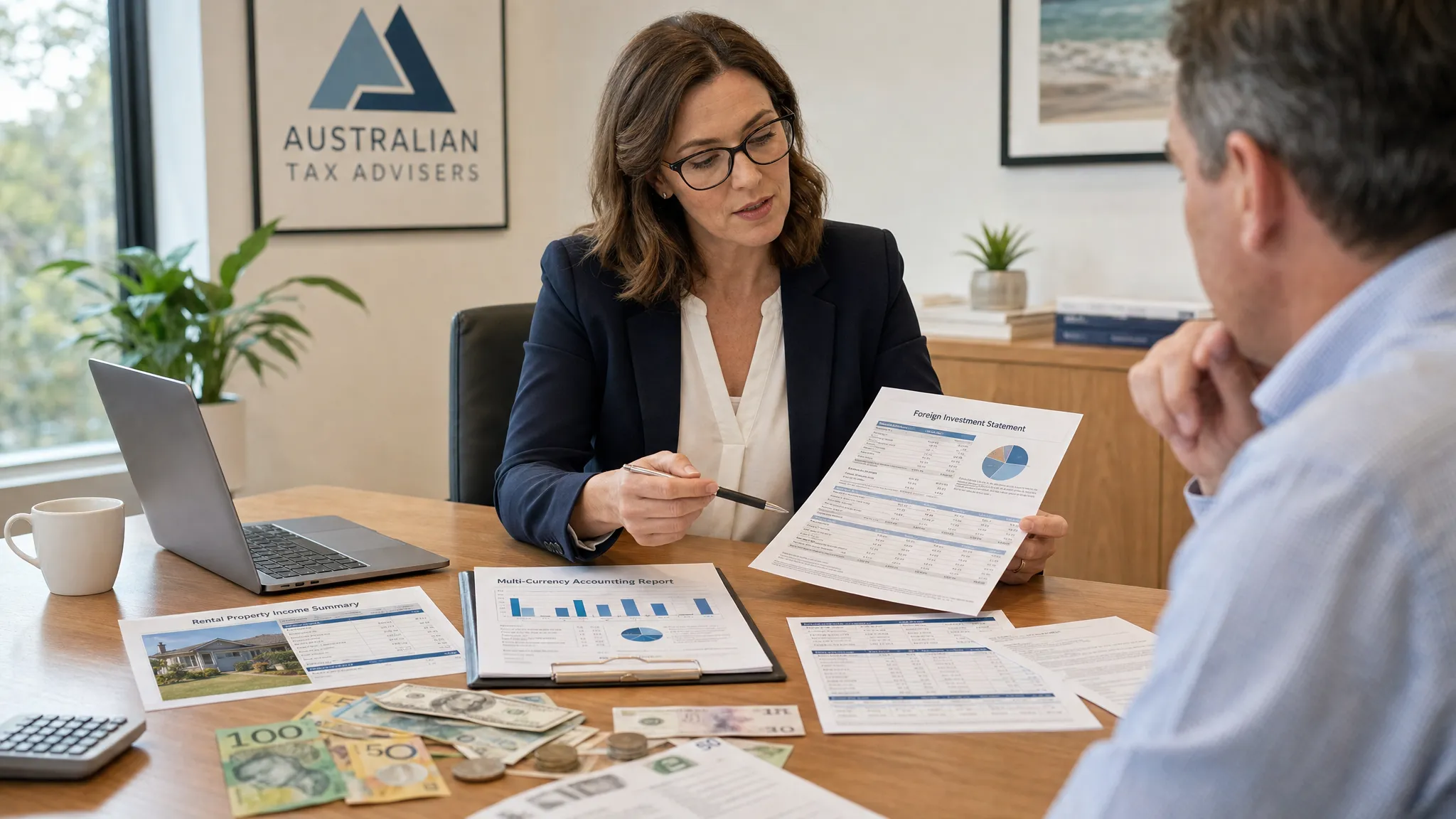An Australian tax adviser reviewing international income records at a meeting table, with foreign investment statements, rental property documents, and multi-currency accounting reports spread out neatly.