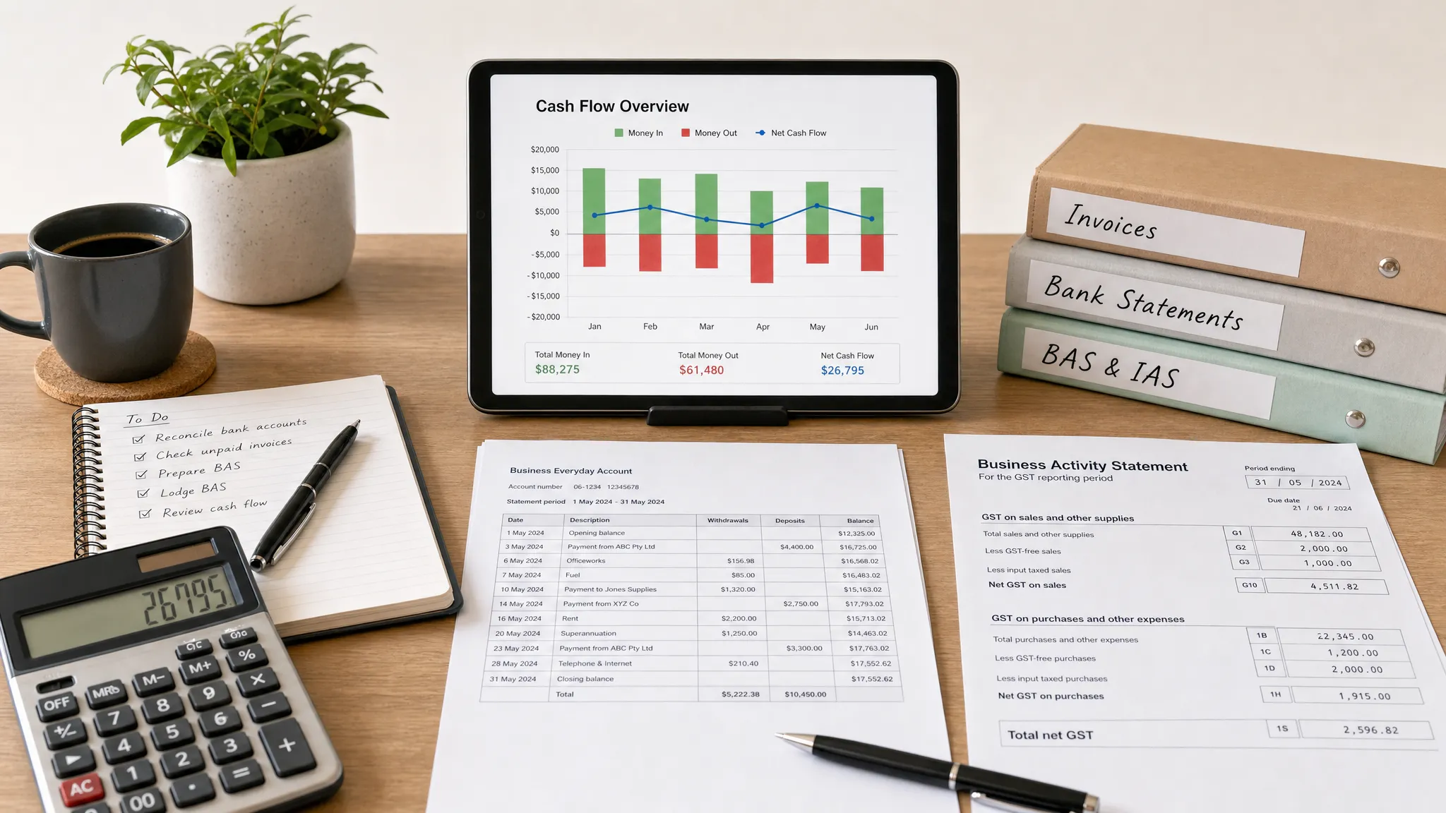 An organised sole trader accounting workspace with invoices, bank statements, BAS paperwork, a calculator, and a tablet facing the camera showing a simple cash flow chart with nothing displayed behind it.