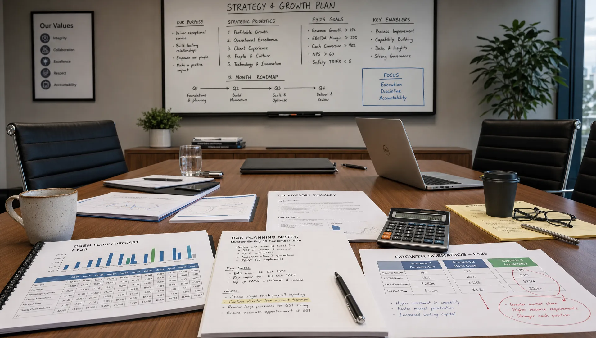 A boardroom table arranged with cash flow forecasts, BAS planning notes, tax advisory documents, a calculator and marked-up growth scenarios for an Australian company directors meeting, with a wall-mounted strategy board in the background.