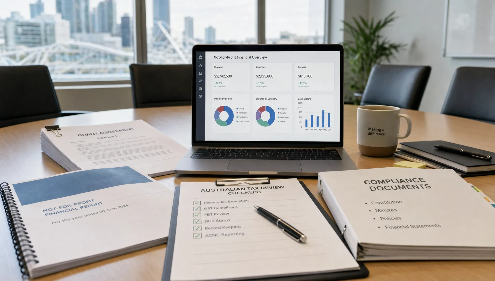 A boardroom table with not-for-profit financial reports, grant agreements, a laptop facing the camera with accounting dashboards, and compliance documents arranged for an Australian tax review.