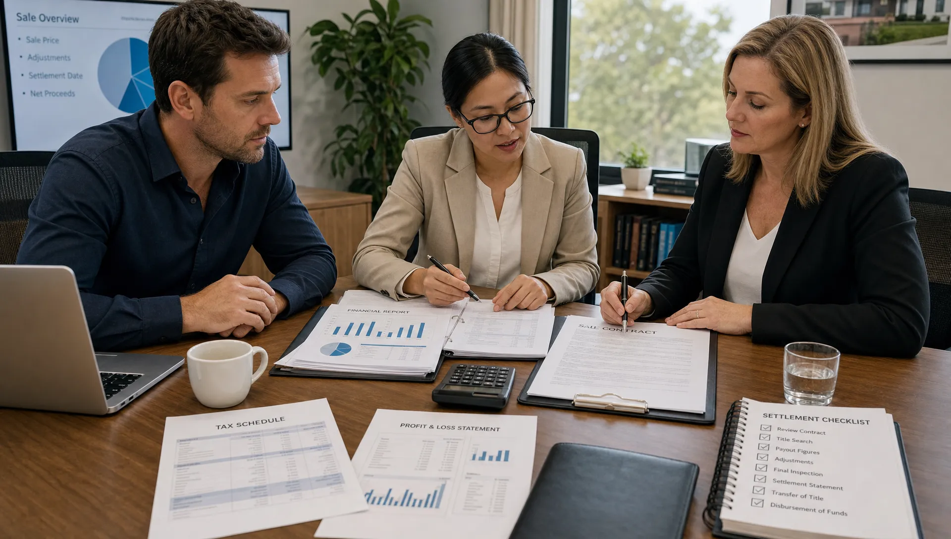 A business owner, accountant, and legal adviser reviewing sale documents, tax schedules, and financial reports around a meeting table, with organised charts, contract papers and a settlement checklist visible.