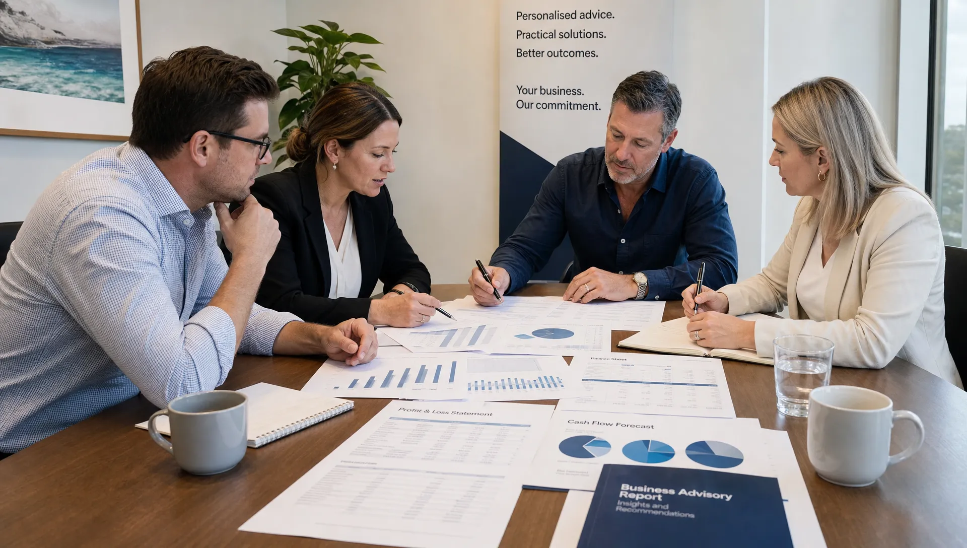 A group of Australian business advisers reviewing financial reports, tax forecasts and cash flow data in a modern meeting room, with clear charts and accounting documents on the table, viewed from the side with a wider spread of papers and no screens visible.