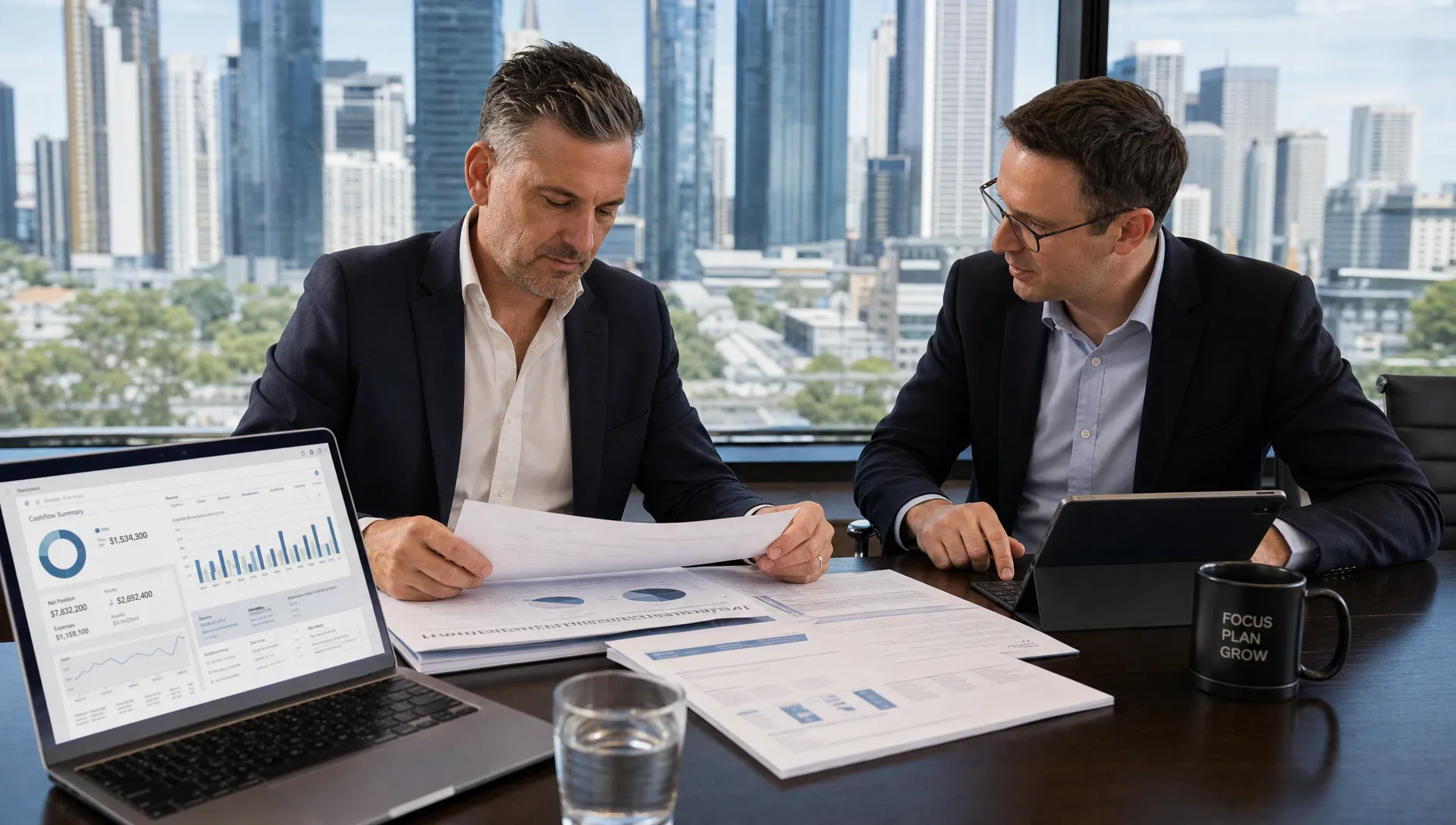 A high-income Australian business owner reviewing tax documents, investment statements and digital accounting dashboards with an adviser at a boardroom table overlooking a city office skyline.