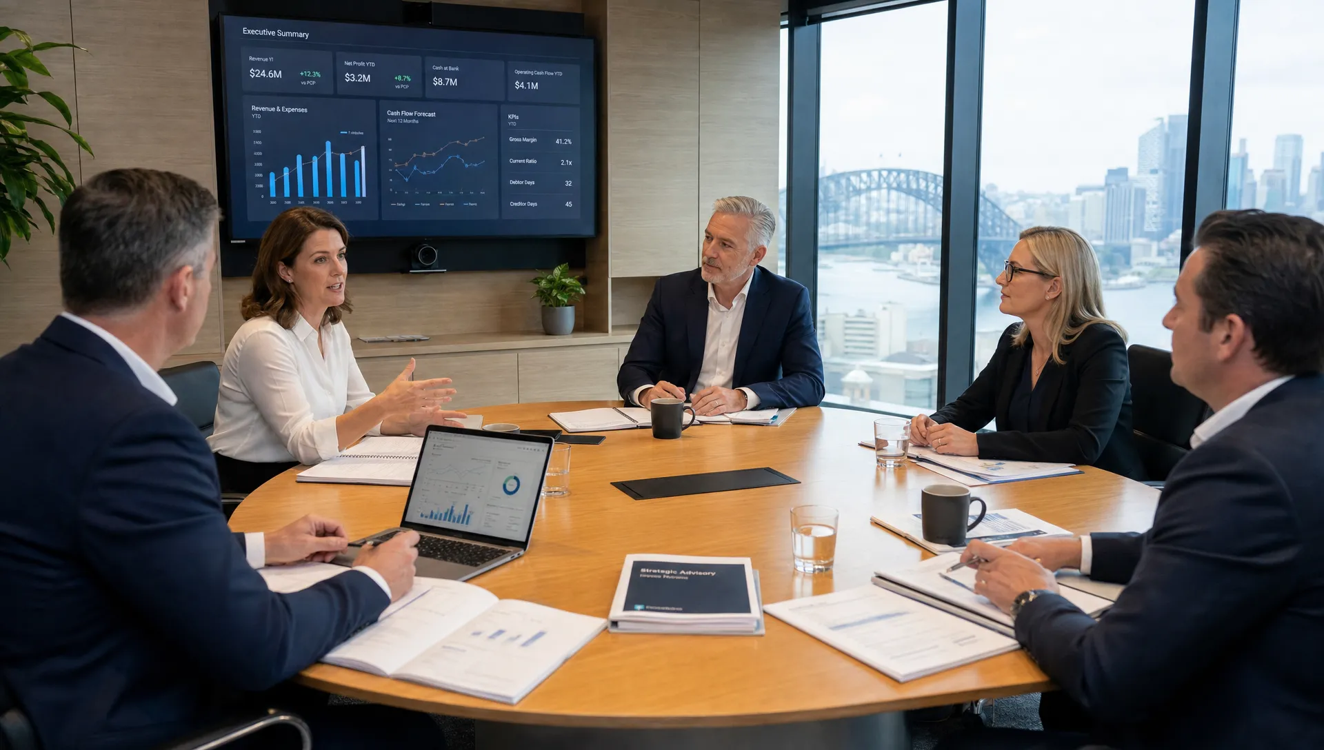 A modern Australian boardroom with company directors reviewing financial reports, tax planning documents and real-time accounting dashboards during a strategic advisory meeting.