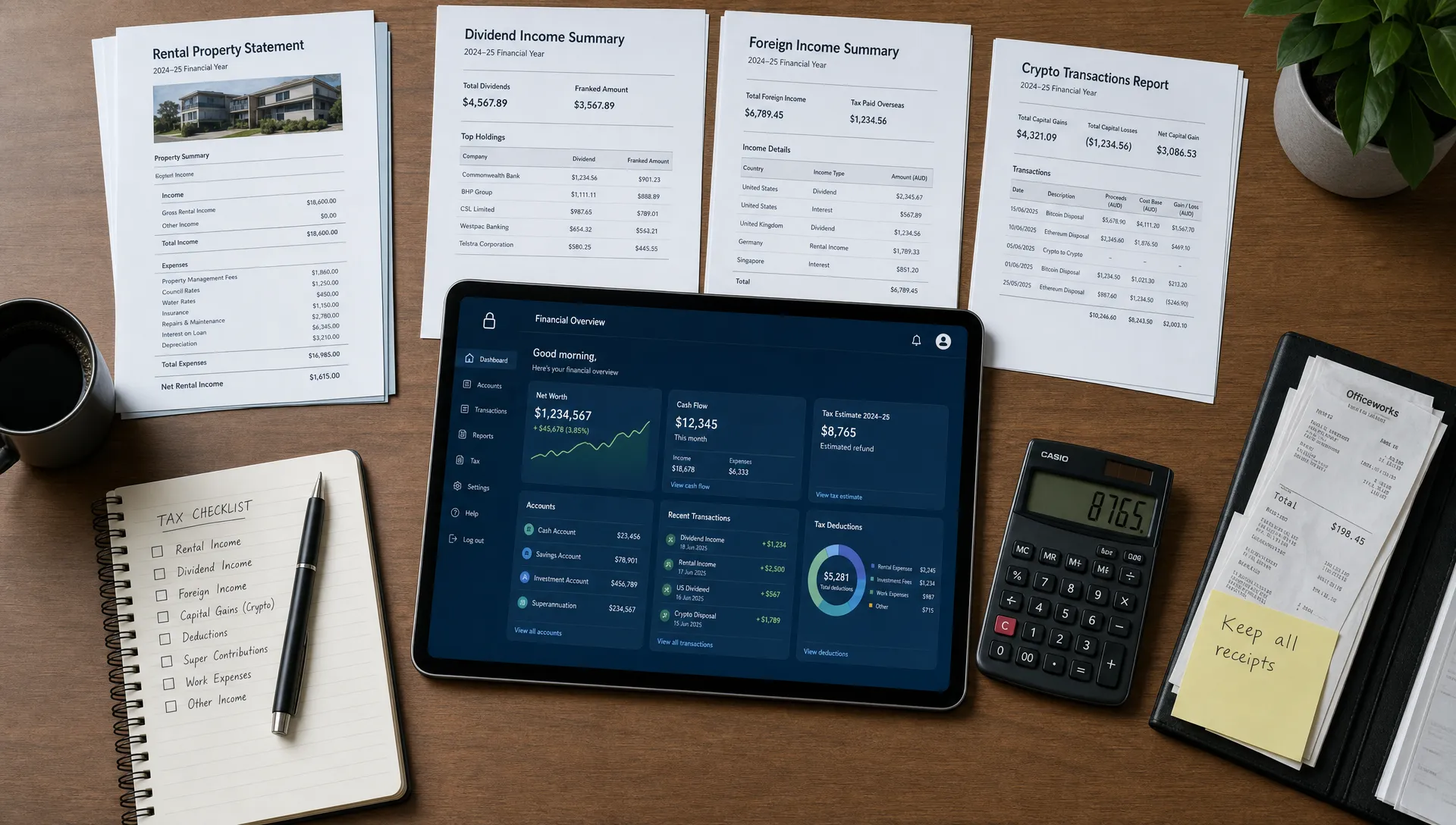 A neatly organised Australian tax preparation desk with rental property statements, dividend summaries, foreign income records, crypto transaction reports and a tablet screen facing upward showing a secure financial dashboard.
