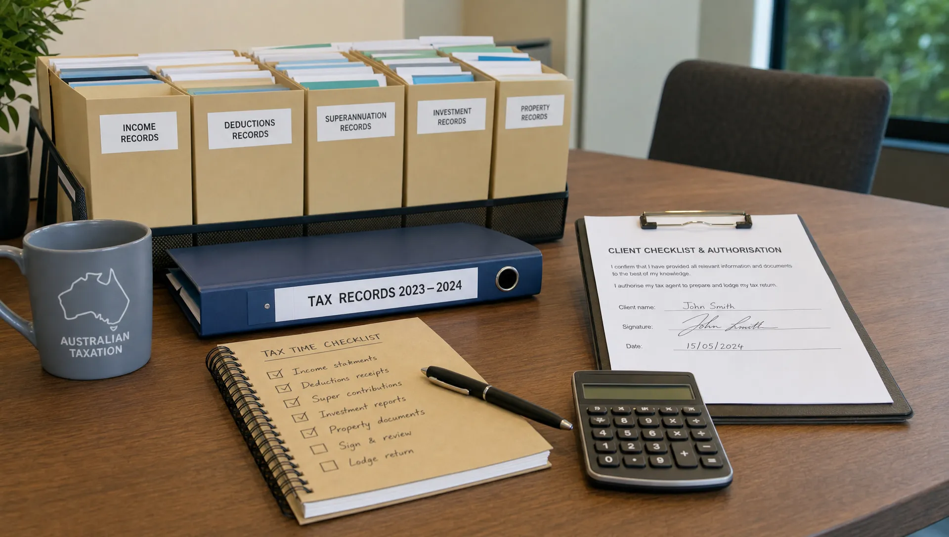 A neatly organised Australian tax records workspace with labelled folders for income, deductions, superannuation, investments and property records, alongside a calculator and signed client checklist on a meeting table.