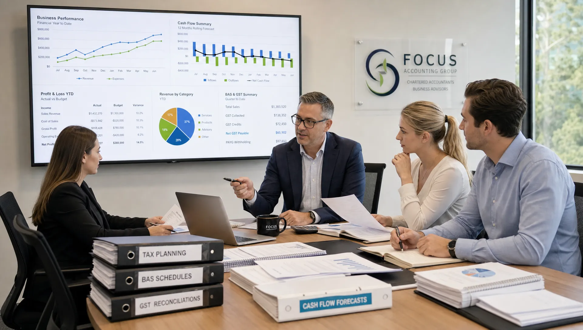 A professional Australian accounting team reviewing tax planning documents, BAS schedules, GST reconciliations and cash flow forecasts in a meeting room with a wall display showing financial charts, with organised files visible on the table.