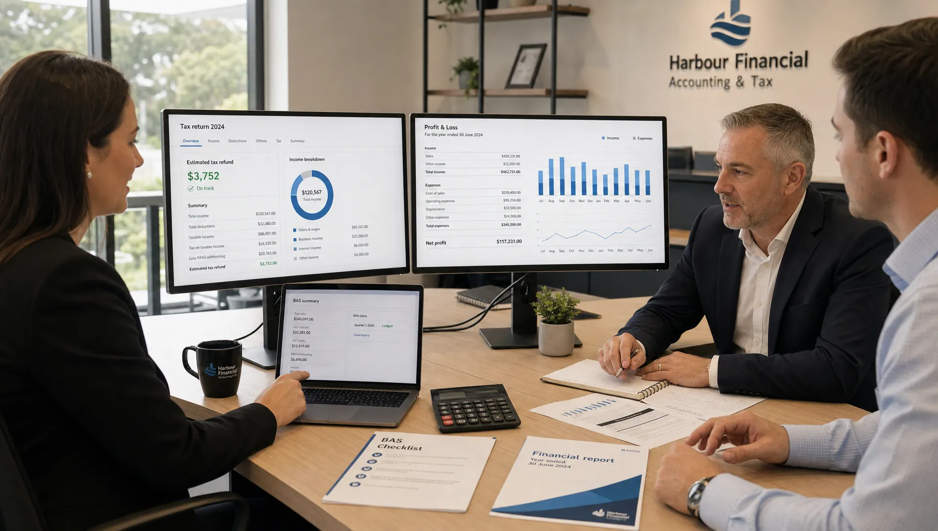 A professional Australian accounting team reviewing digital tax records, BAS summaries and financial reports in a modern office environment, with clear dashboards on correctly oriented screens and organised documents on the table.
