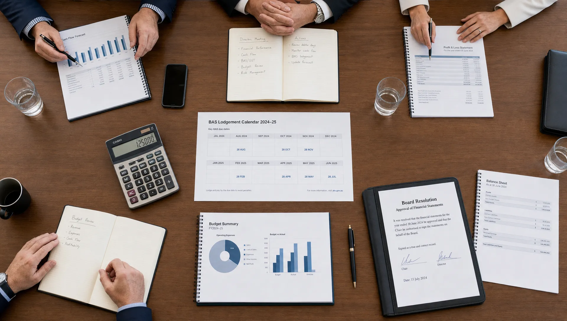 A professional Australian boardroom table with financial reports, cash-flow charts, a BAS lodgement calendar, calculator and signed company documents arranged for a director meeting, viewed from an overhead angle.