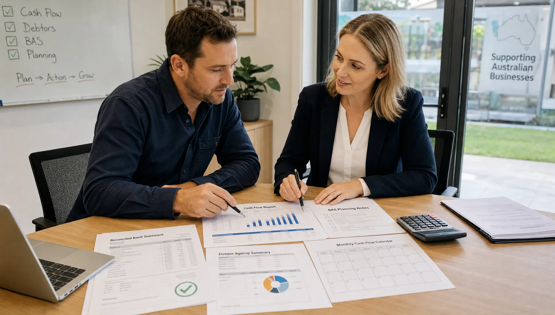 A professional Australian business setting with an accountant and business owner reviewing printed cash flow reports, debtor ageing summaries, BAS planning notes, and a monthly cash flow calendar on a meeting table, with a calculator and reconciled bank statements beside them.