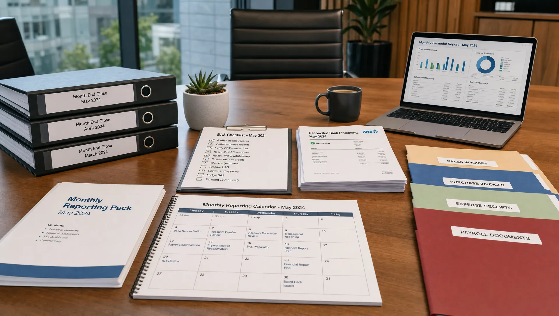 A professional Australian finance workspace showing organised month-end close documents, reconciled bank statements, invoice folders, a BAS checklist and a monthly reporting calendar laid out on a clean boardroom table.