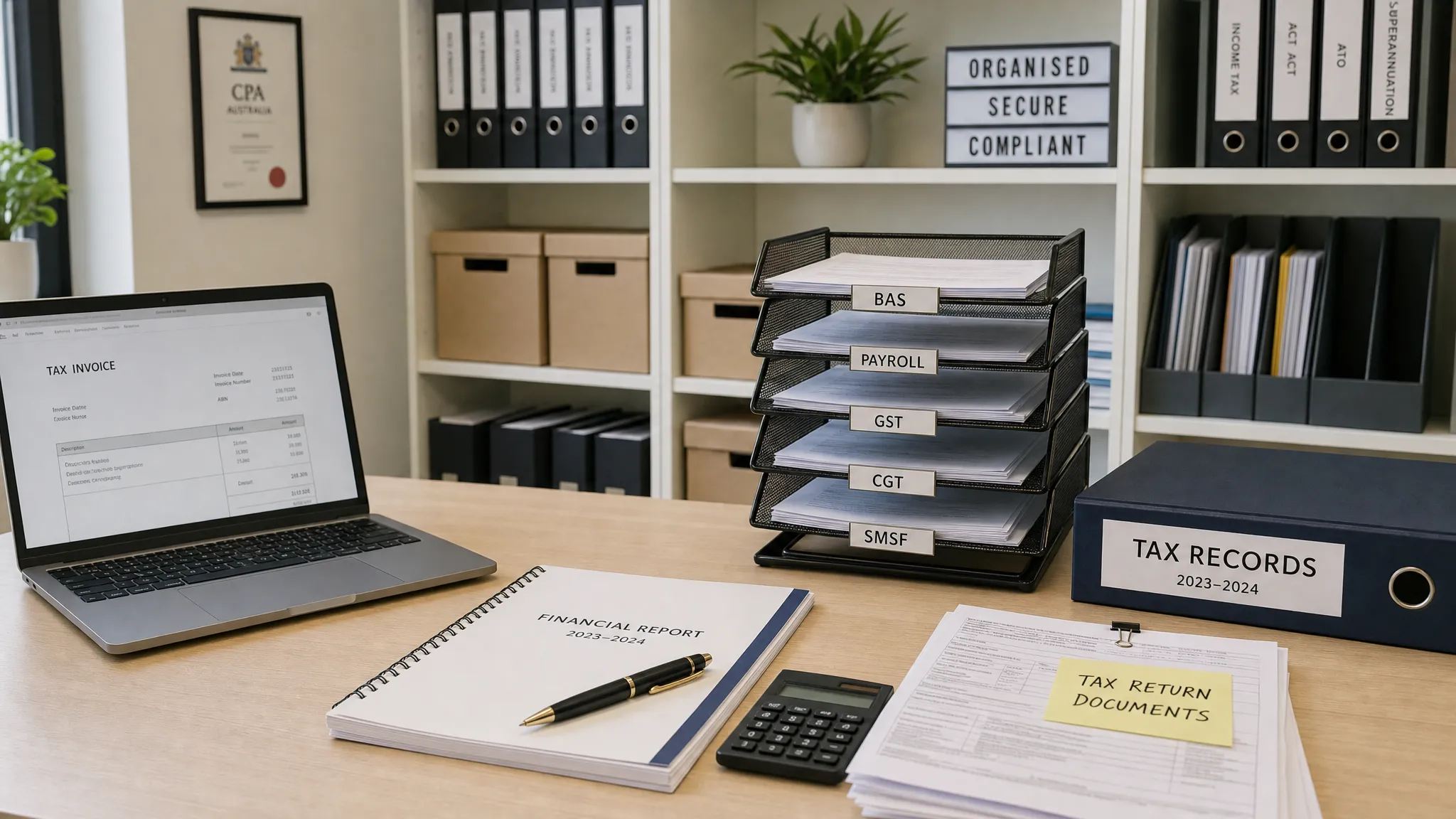 A secure digital archive for Australian tax records, showing organised financial documents, labelled folders for BAS, payroll, GST, CGT and SMSF records, and a professional accounting workspace with clear storage shelves and document trays.