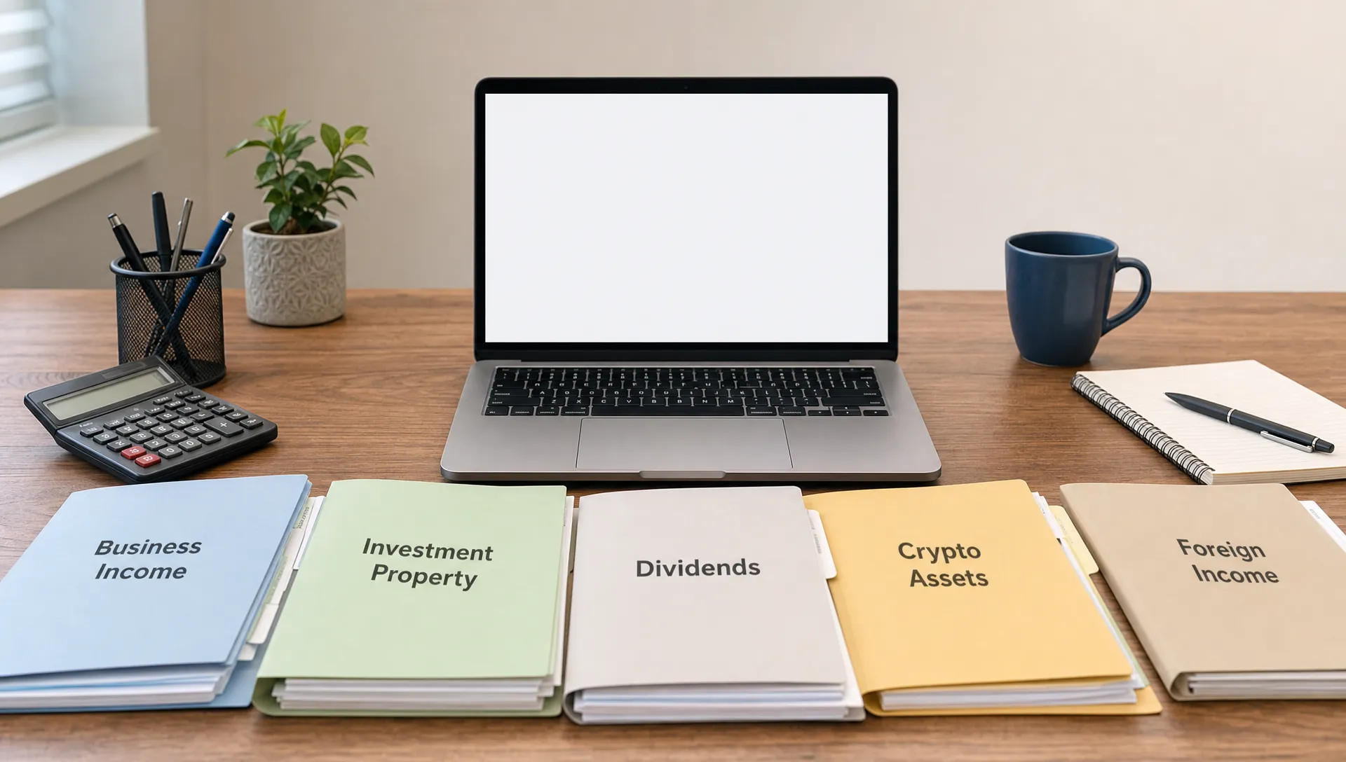 A senior Australian tax adviser reviews organised records for business income, investment property, dividends, crypto assets and foreign income on a desk beside a laptop facing the camera with a blank financial dashboard, with no people or objects behind the screen.