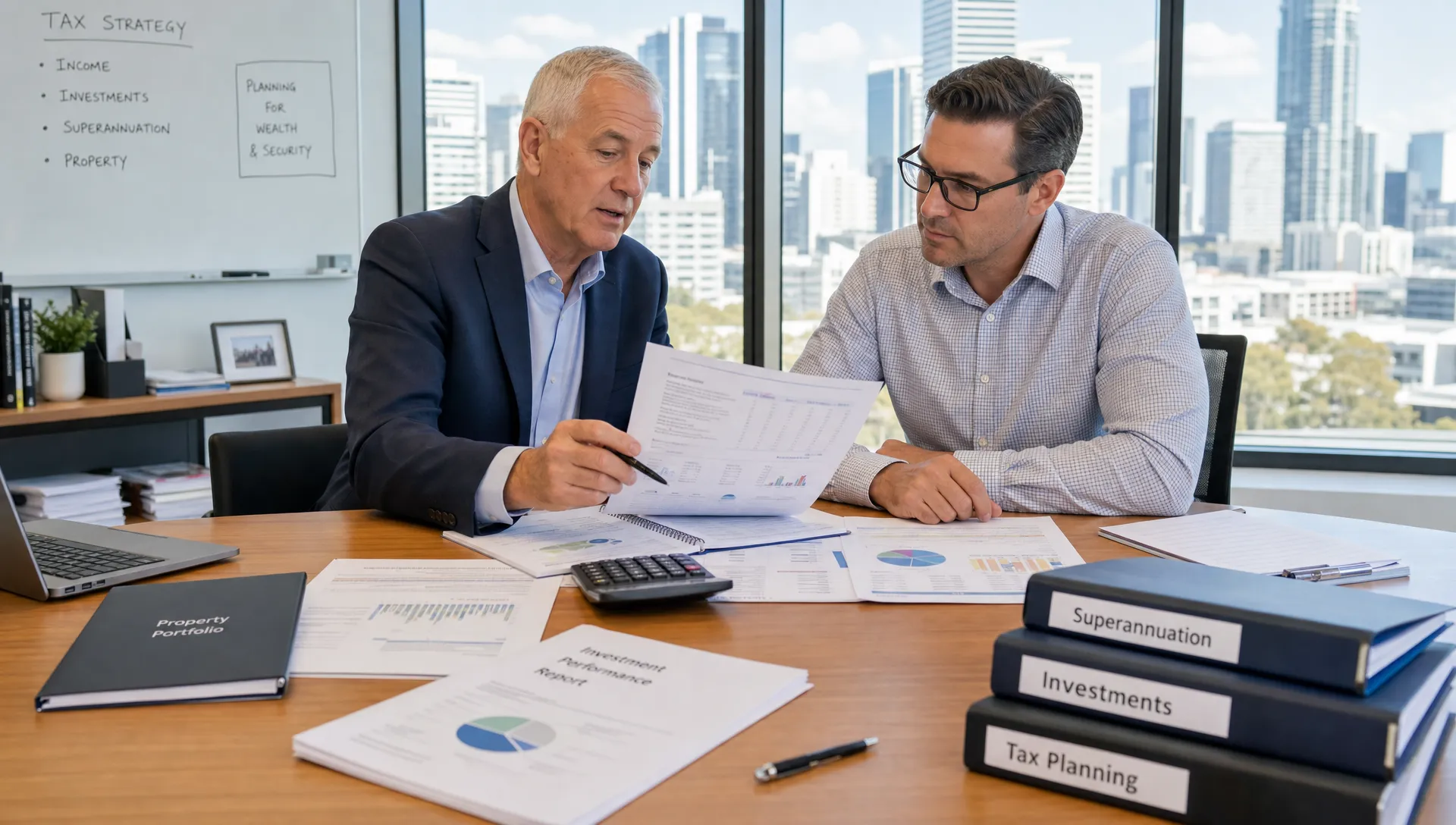 A senior Australian tax adviser reviews property, superannuation and investment documents with a high-income client in a bright city office, with organised folders, calculators and financial reports spread across a long meeting table.