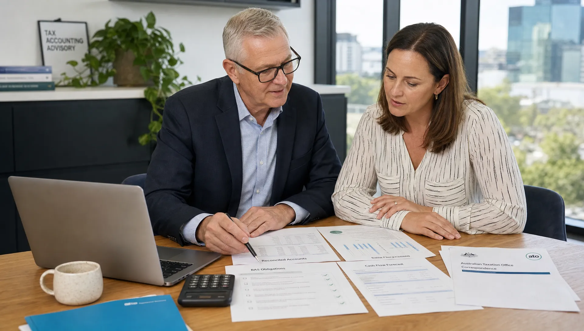 A senior tax accountant and business owner review reconciled accounting records, BAS obligations, cash-flow forecasts, and ATO correspondence beside a laptop on a meeting table in a modern Australian office.