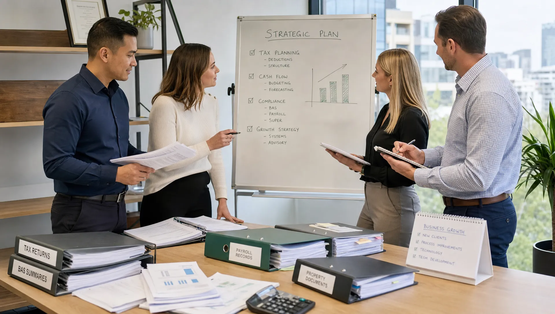 An Australian accounting team reviewing organised tax files, BAS summaries, payroll records, property documents and business growth notes around a standing strategy board in an office planning session.