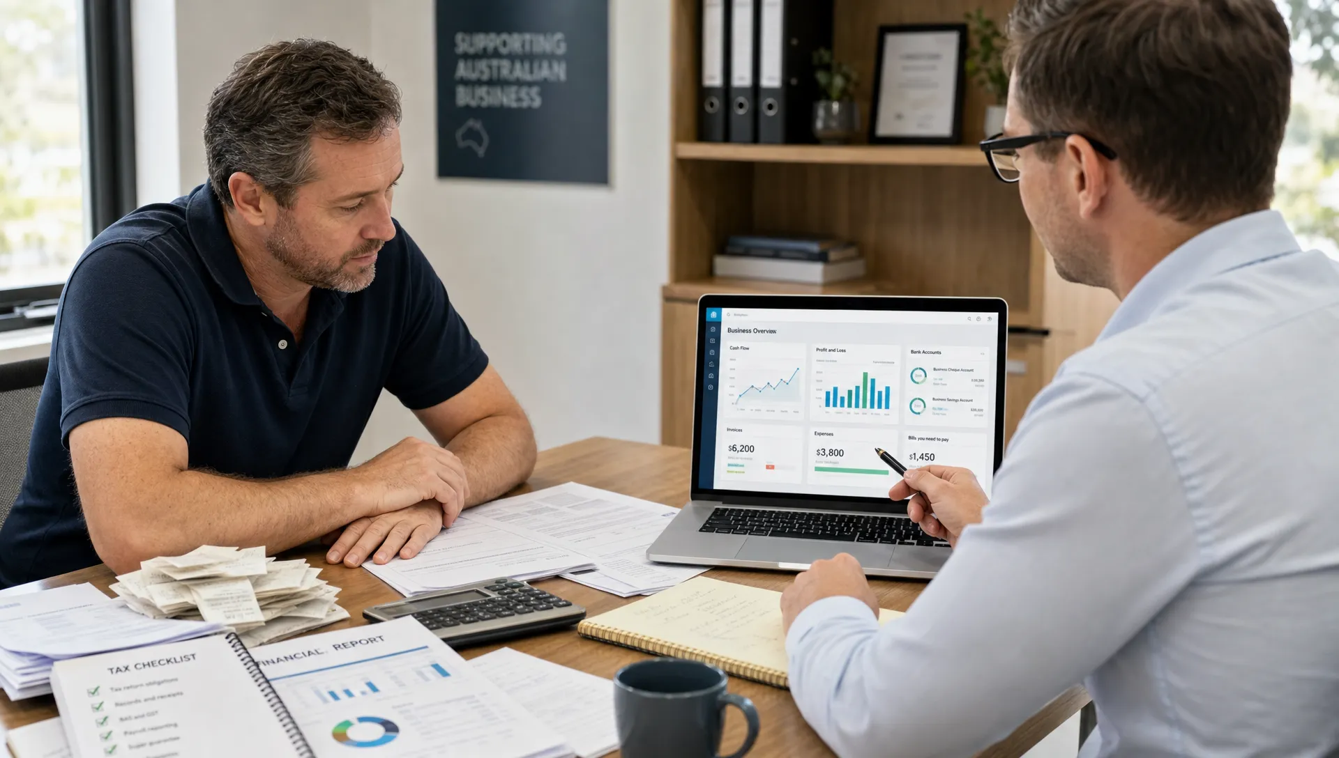 An Australian business owner and accounting adviser reviewing tax documents, cloud accounting data and compliance checklists on a meeting table with financial reports, receipts and a laptop screen facing the adviser.
