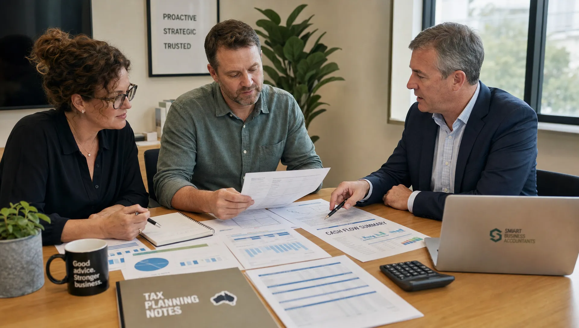 Australian business owners and accountants reviewing printed financial reports, tax planning notes and cash flow charts around a meeting table, representing strategic tax advice and business decision-making.