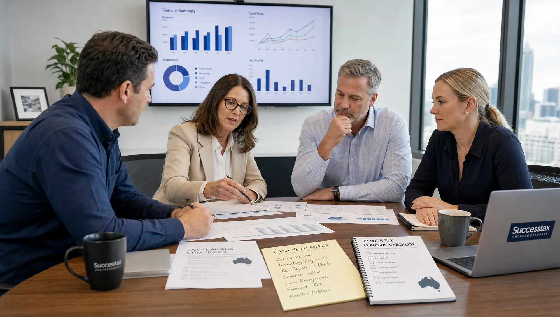 Australian business owners and accounting advisers reviewing financial reports around a boardroom table, with charts, cash-flow notes, and tax planning documents visible in a professional office setting.