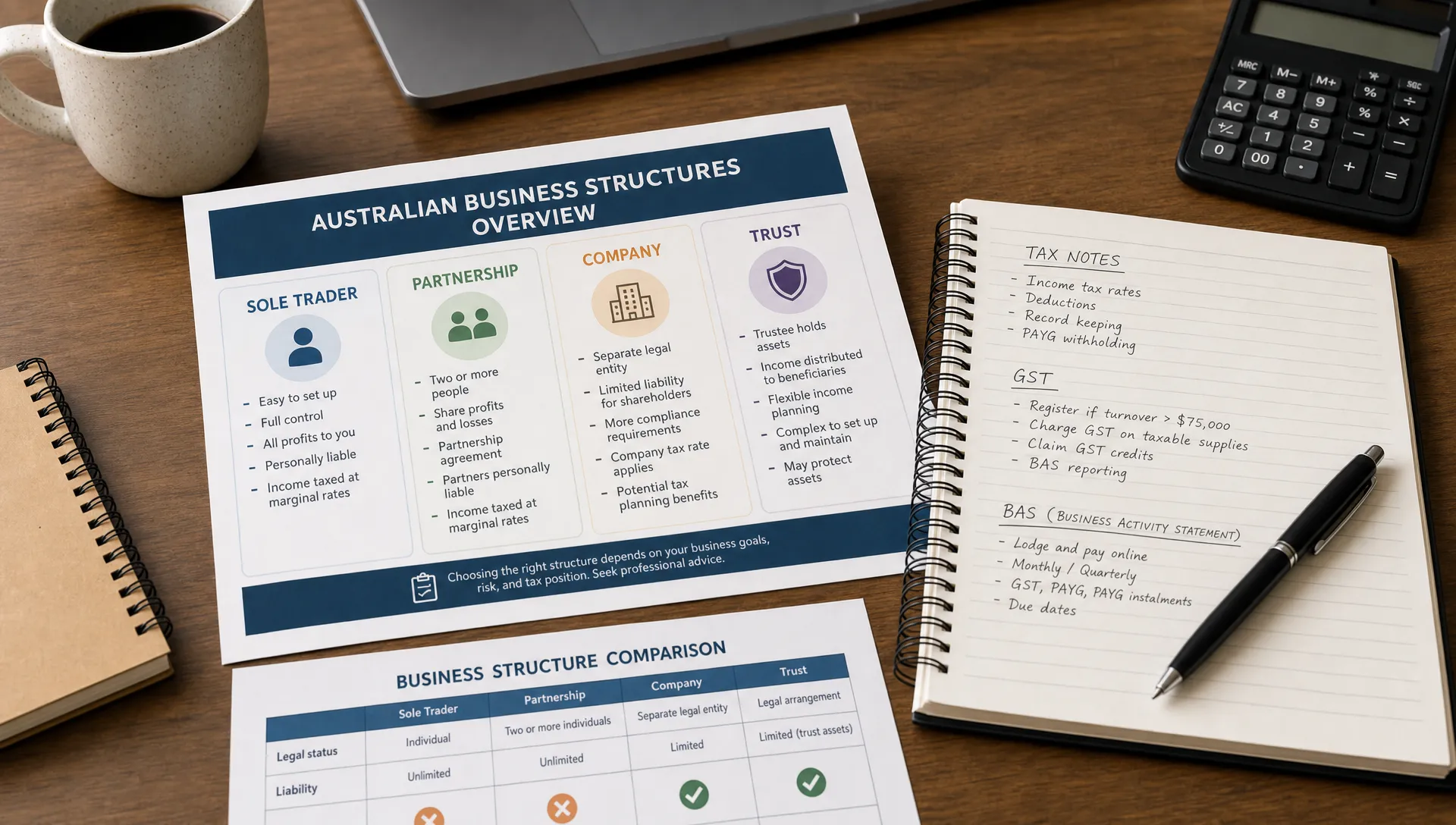Australian business structure planning documents showing sole trader, partnership, company and trust options beside tax, GST and BAS notes on a professional desk.